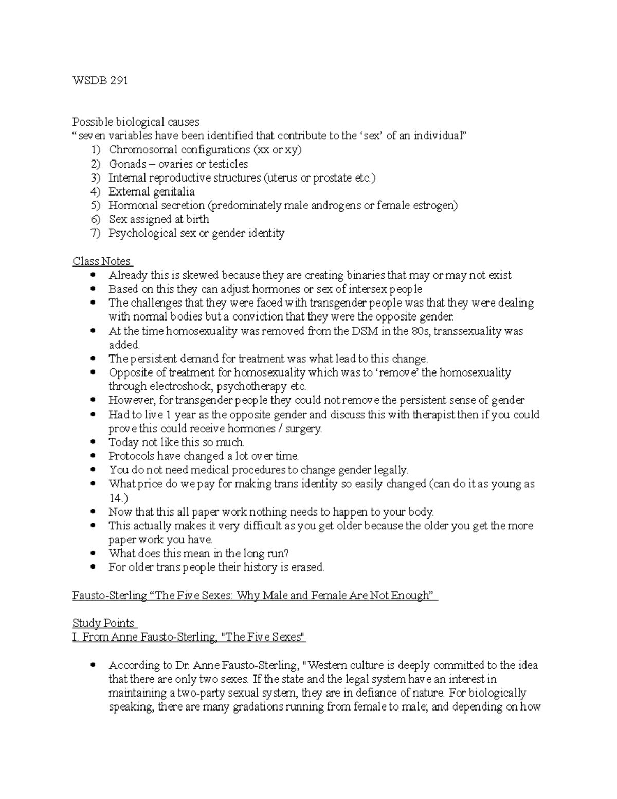 WSDB 291 - Midterm Study Notes on Gender and Intersexuality - Studocu
