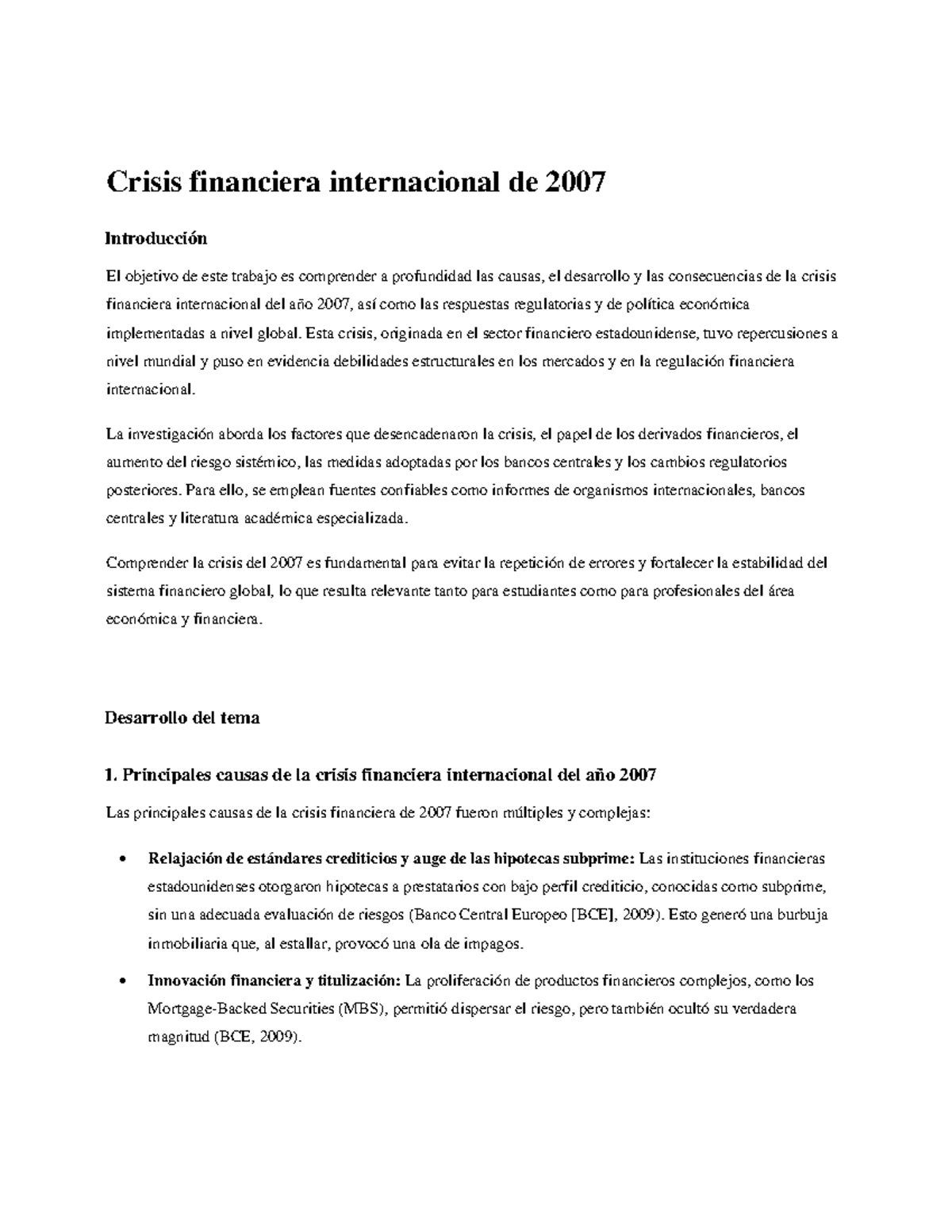 Crisis Financiera Internacional de 2007: Causas y Consecuencias - Studocu