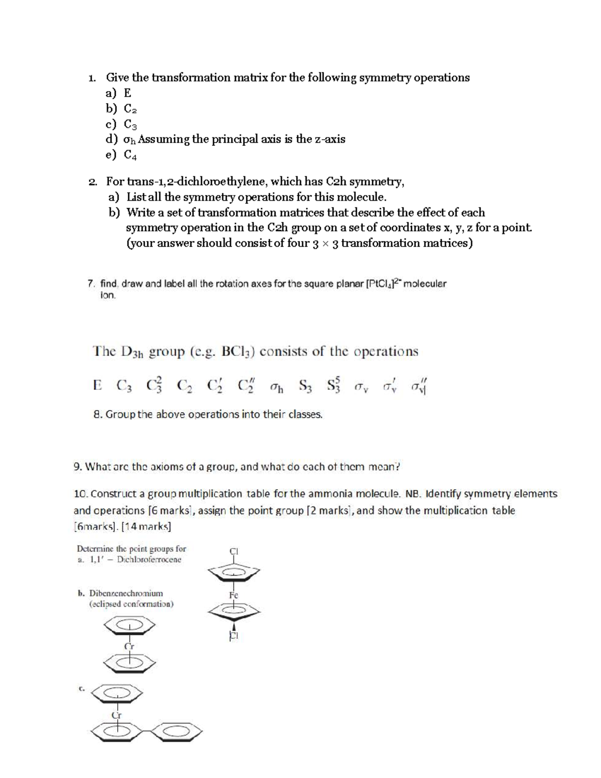 CHE 322 Tutorial 2 - lab work - Give the transformation matrix for the ...