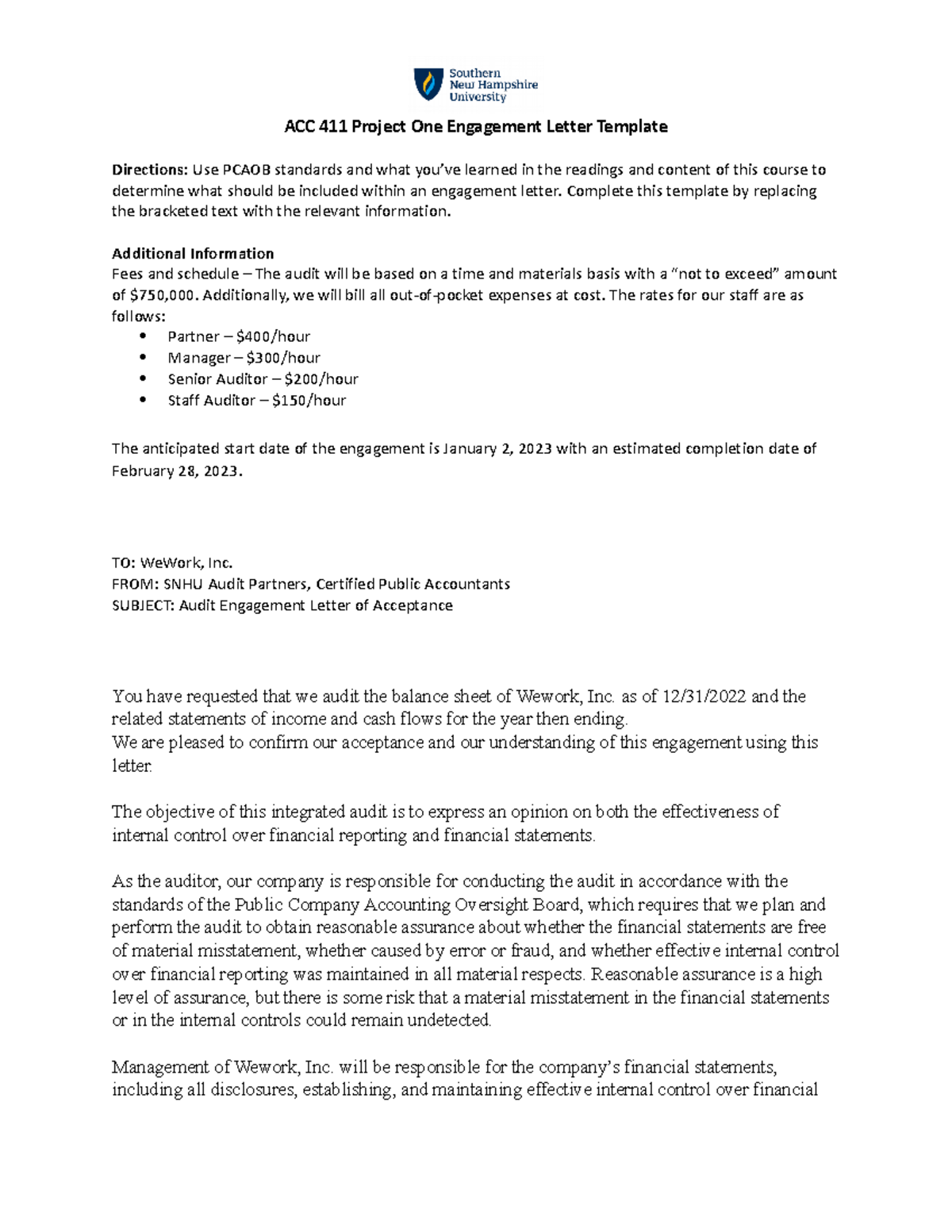 ACC 411 Final Project: Client Engagement Letter Template - Studocu