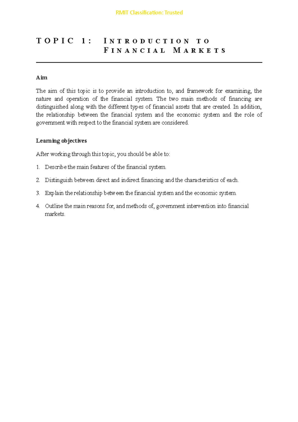 Financial Markets Overview - Course Notes Topic 1-1 - Studocu