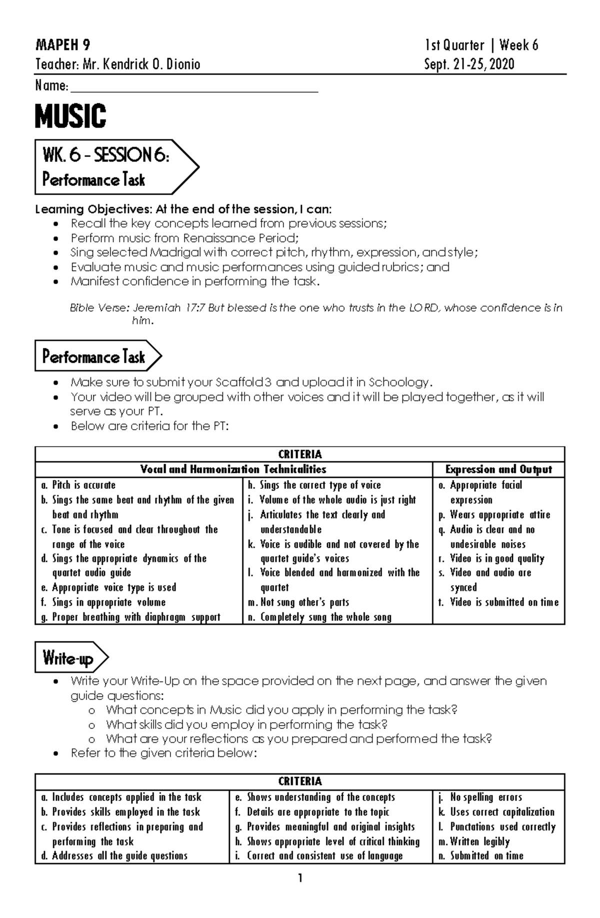 MAPEH 9 Module: 1st Quarter Performance Tasks for Week 6 - Studocu