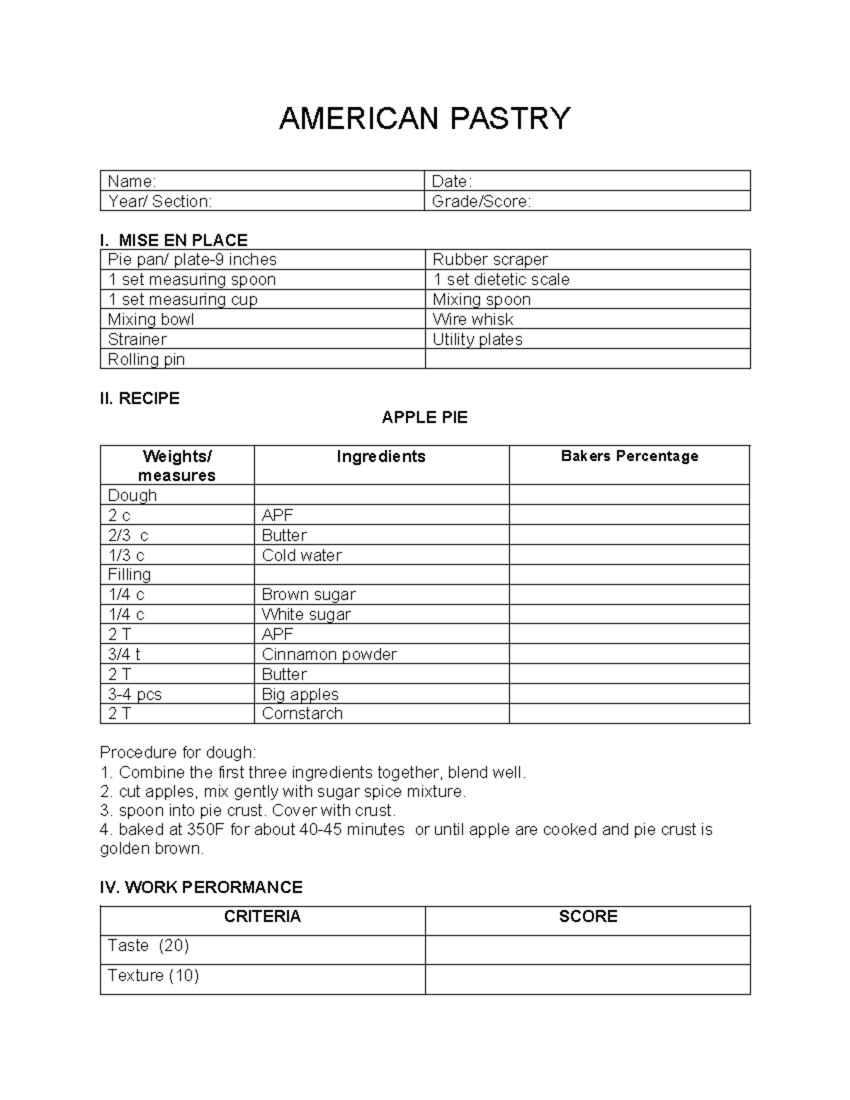 AMERICAN PASTRY LAB ASSIGNMENT: APPLE PIE RECIPE & EVALUATION - Studocu