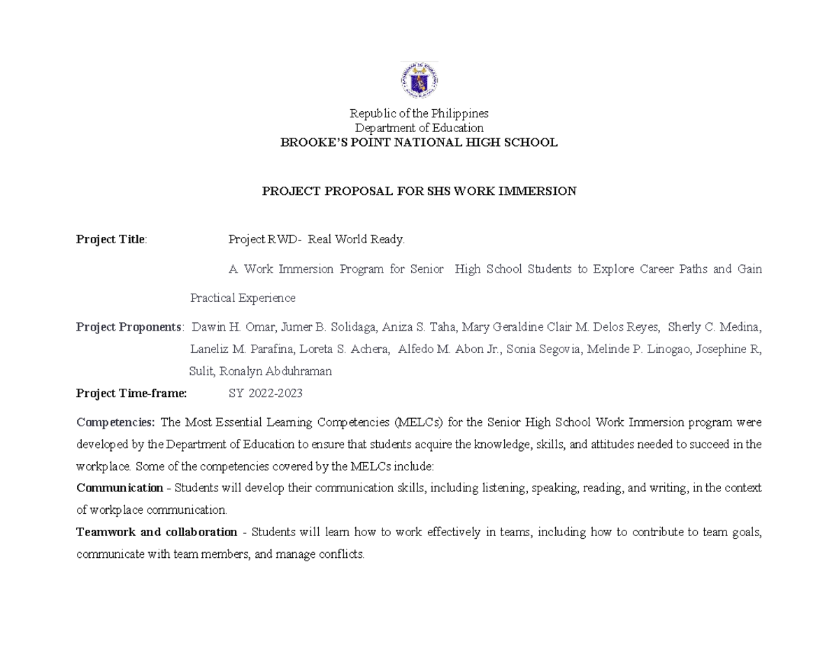 WI Project Proposal: RWD Work Immersion for SHS Students - Studocu