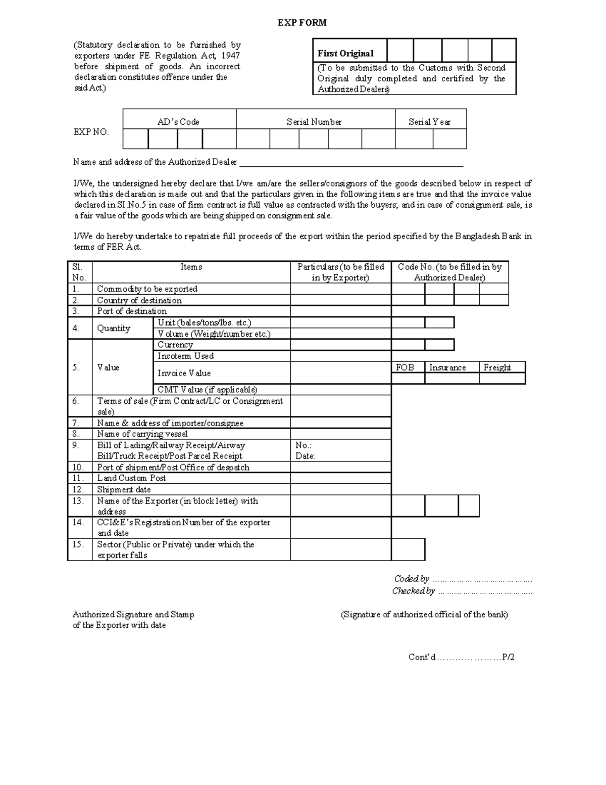 EXP Form for Exporters Under FE Regulation Act, 1947 - Studocu