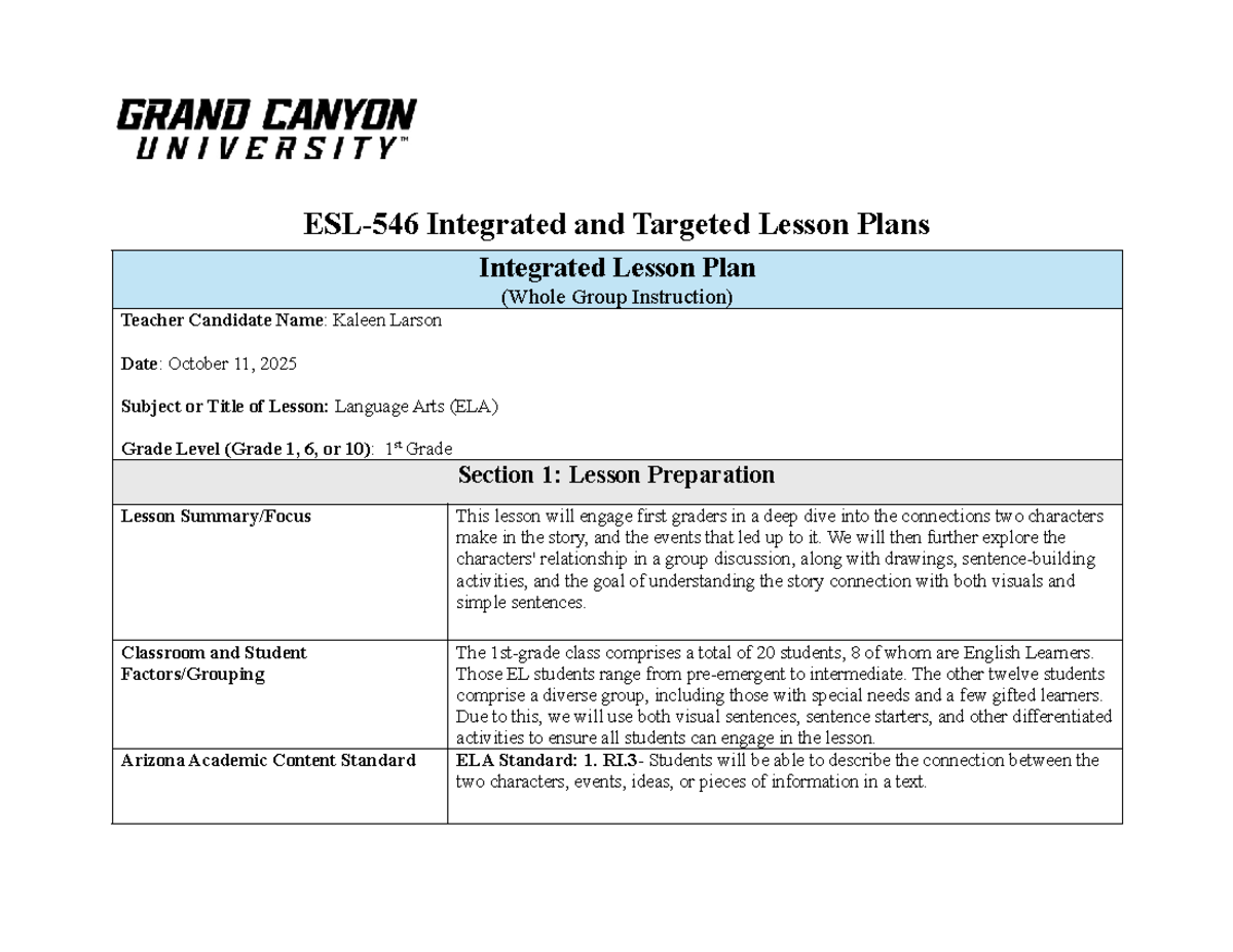 Integrated Lesson Plan for 1st Grade ELA (1018) - Studocu