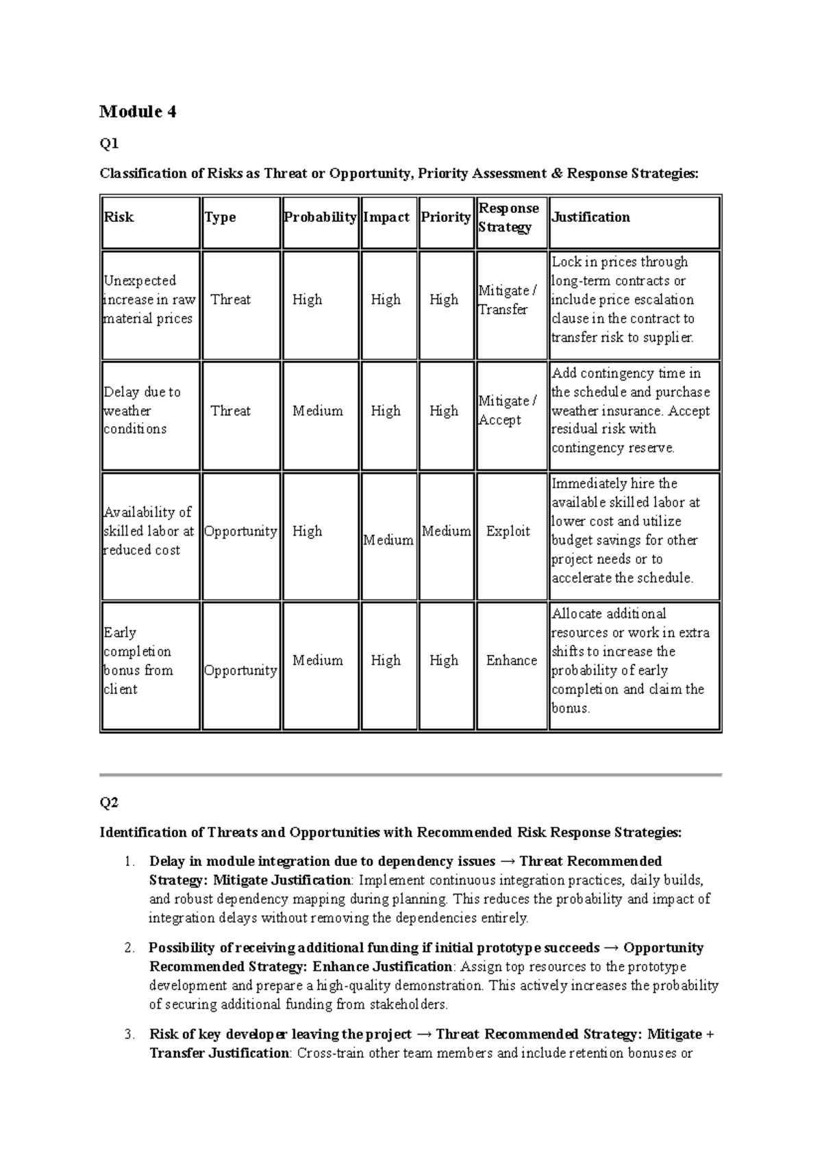 Module 4 & 6 Risk Classification and Response Strategies Analysis - Studocu