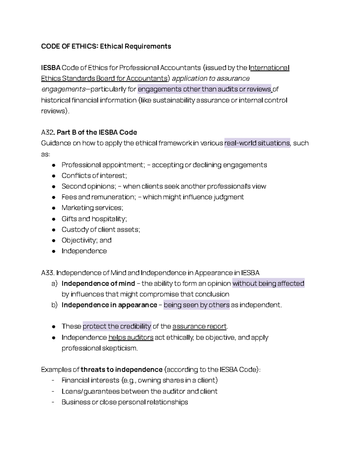 Audit Notes 2 - IESBA Code of Ethics for Assurance Engagements - Studocu
