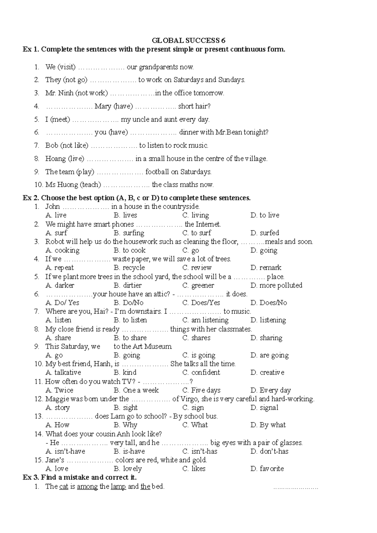 Global Success 6: Present Simple & Continuous Exercises - Studocu