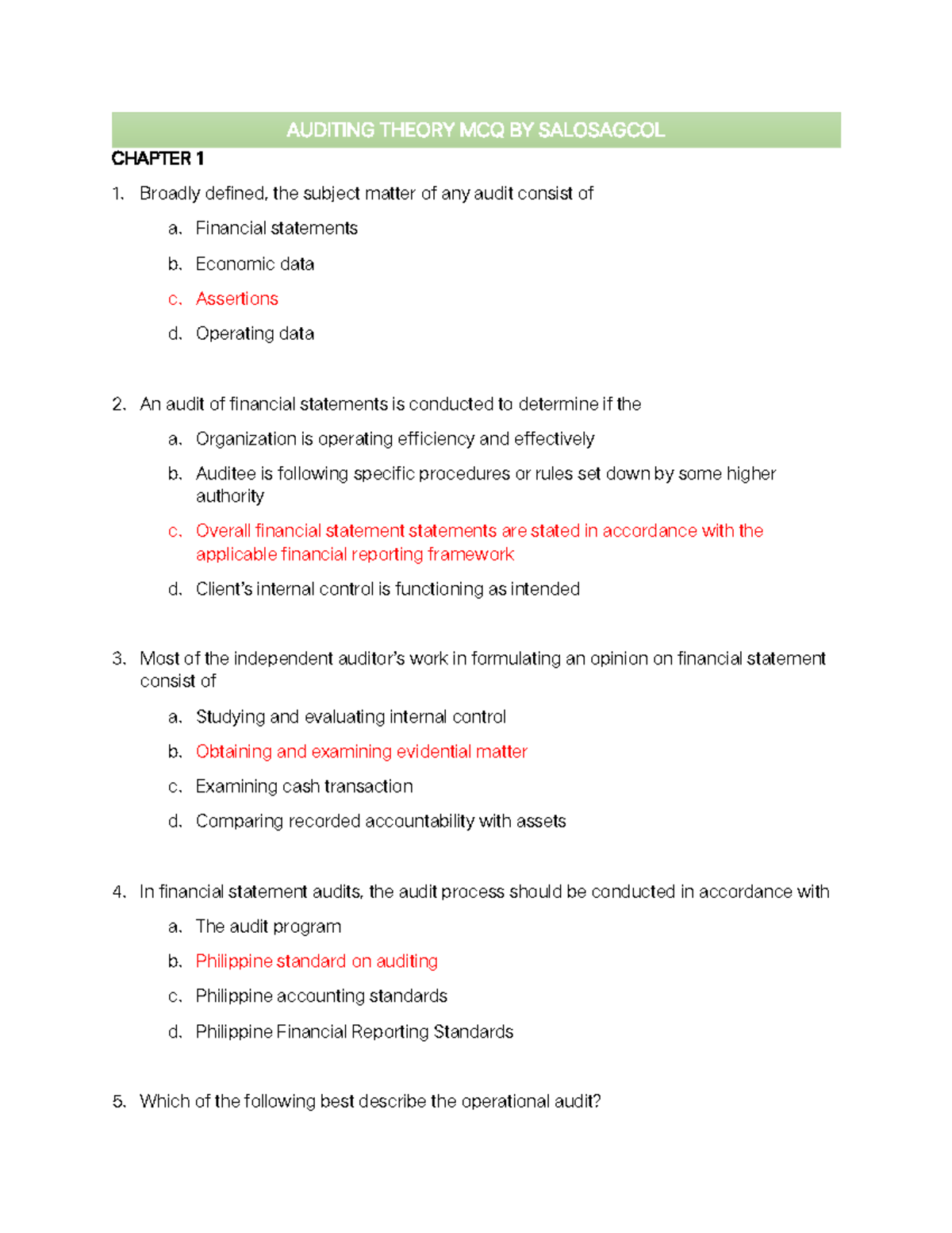 Auditing Theory MCQ Review - Chapter 1 by Salosagcol - Studocu