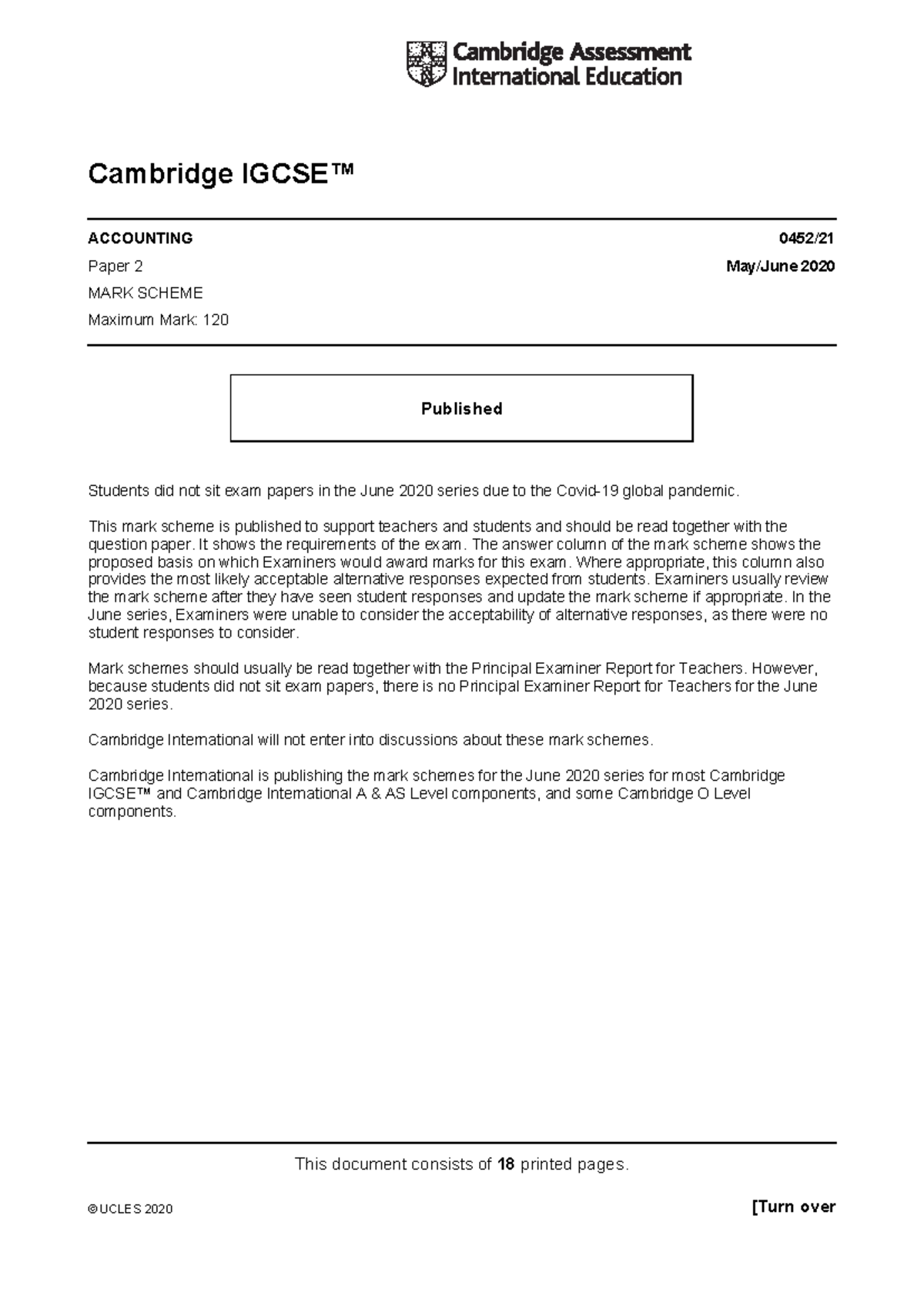 0452 s20 ms 21 - Cambridge IGCSE Accounting Paper 2 Mark Scheme - Studocu