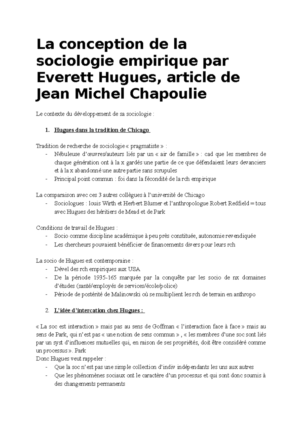 Résumé d'article Hugues - La conception de la sociologie empirique par ...
