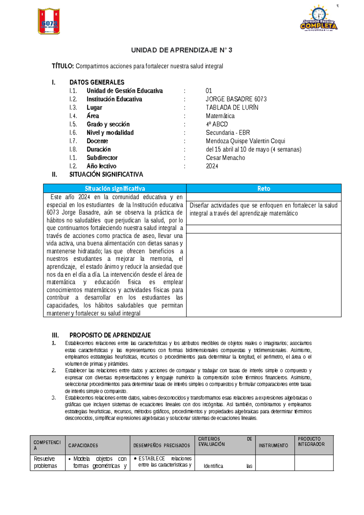 Unidad TRES - UNIDAD DE APRENDIZAJE N° 3 TÍTULO: Compartimos acciones ...