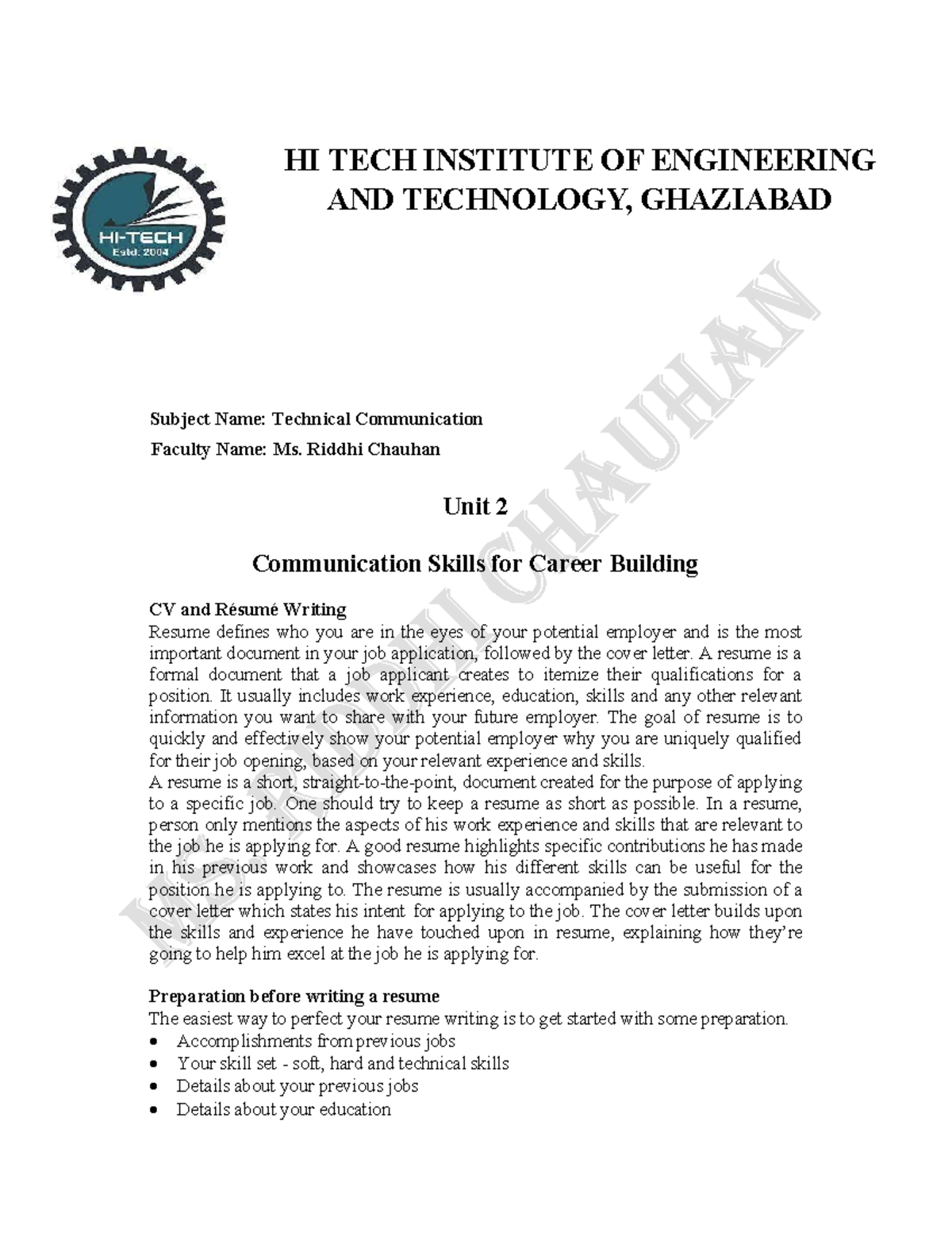 TC 101: Unit 2 - Communication Skills for Career Building - Studocu