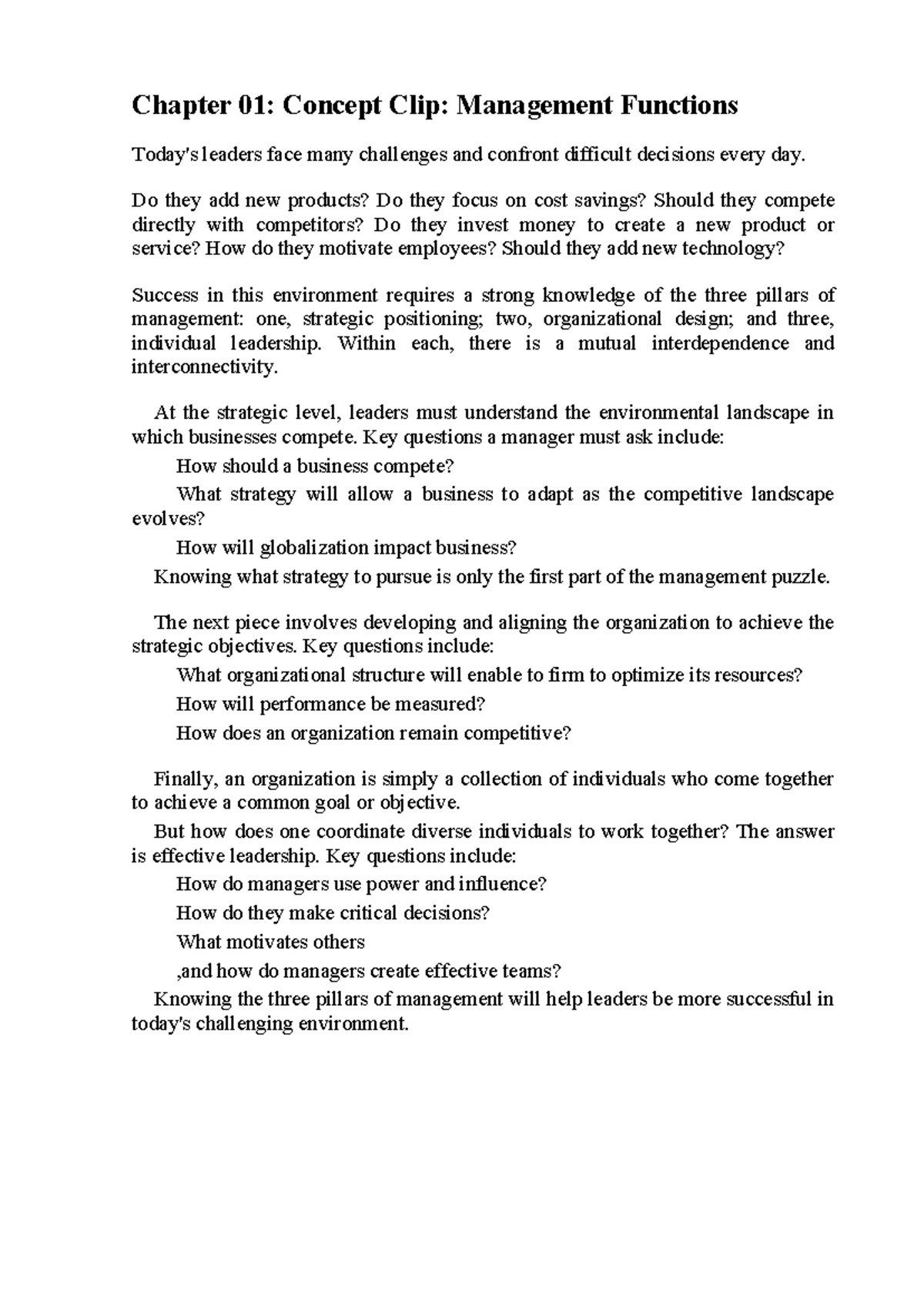 Chapter 01: Management Functions Overview and Key Concepts - Studocu