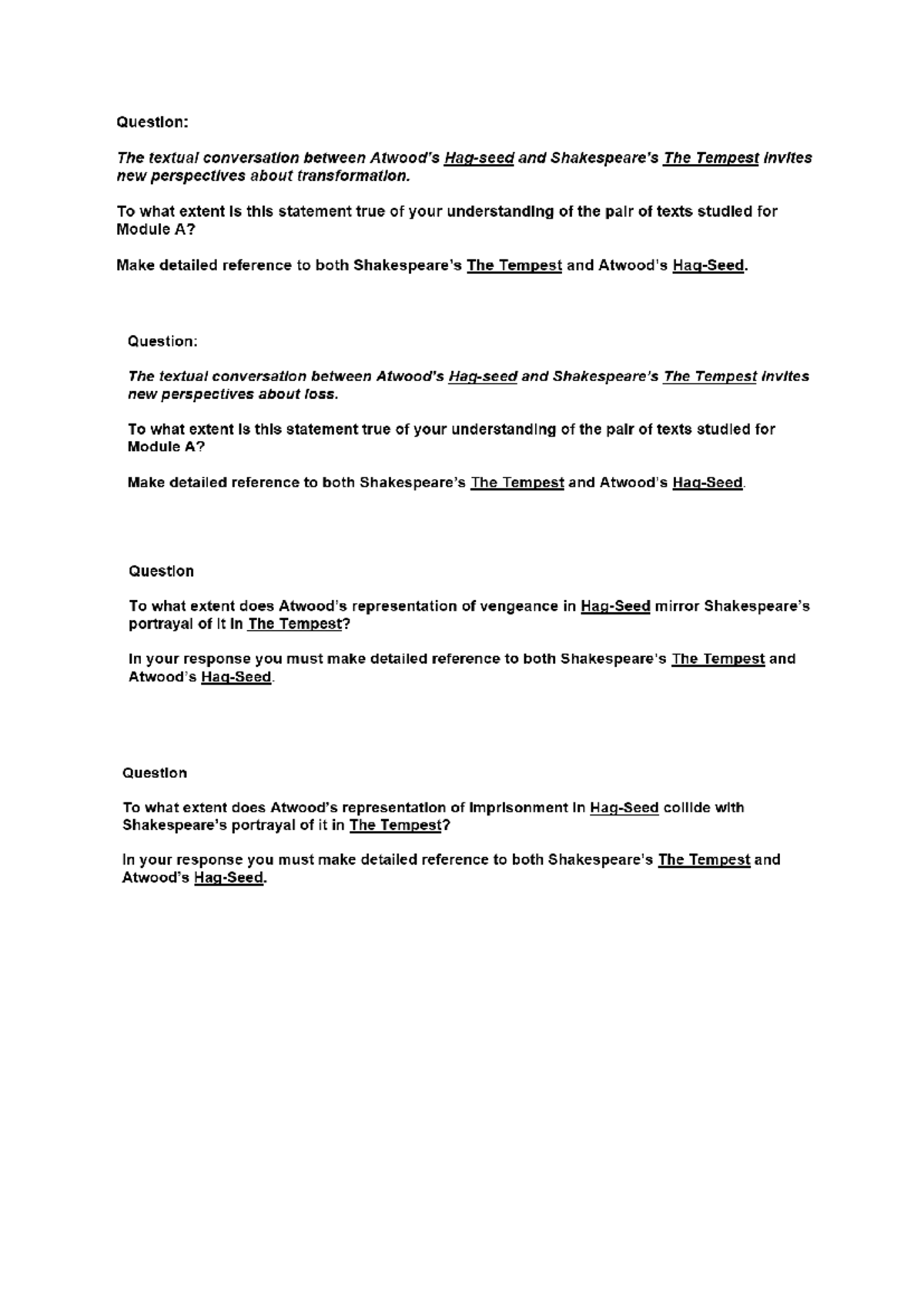 Past Module A Questions on The Tempest: Transformation, Loss, Vengeance ...