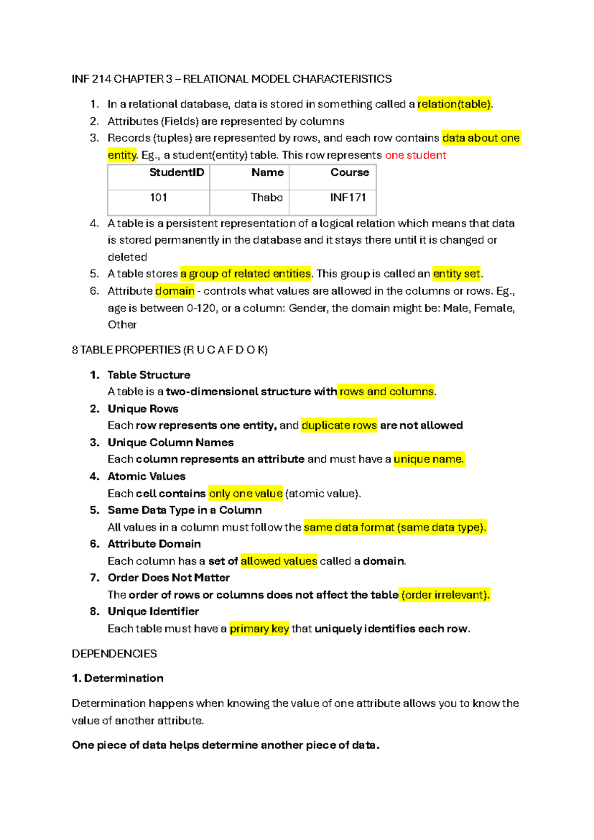 INF 214 CHAPTER 3 RELATIONAL MODEL & TABLE PROPERTIES - Studocu