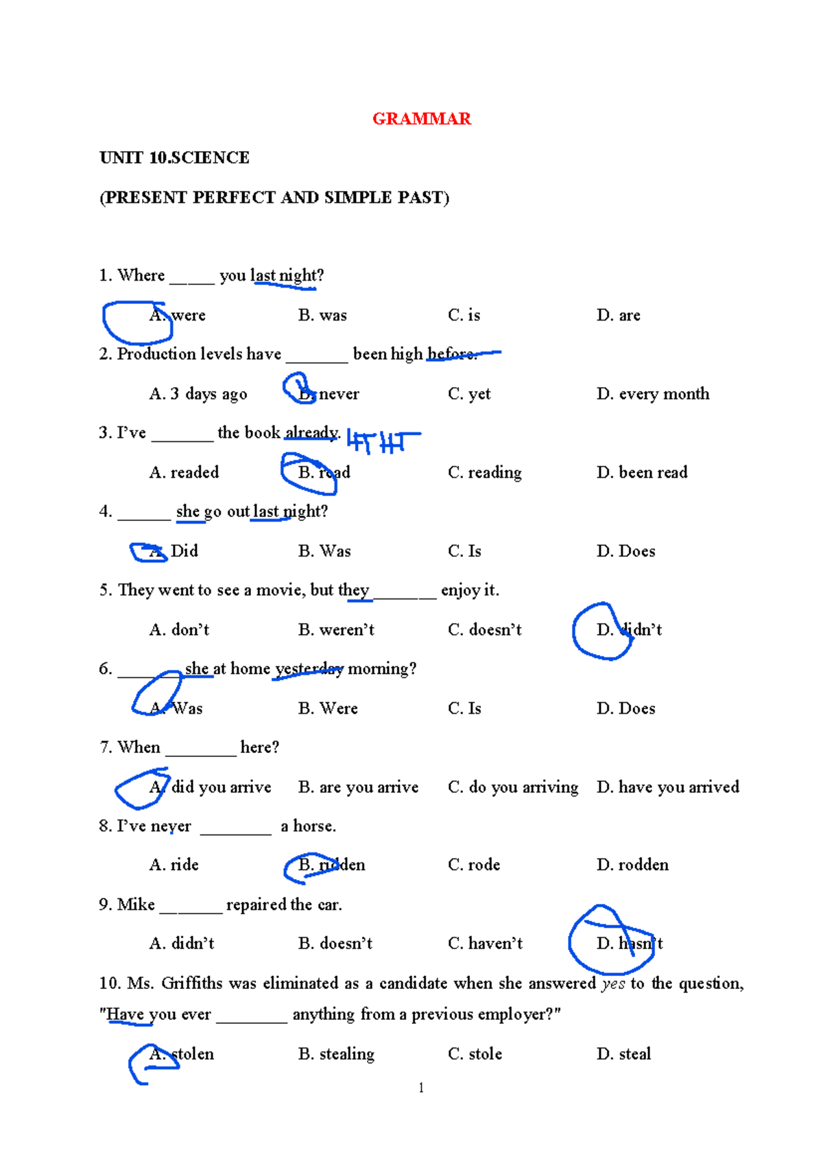 Grammar Unit 10 - fdf - 1 GRAMMAR UNIT 10 (PRESENT PERFECT AND SIMPLE ...