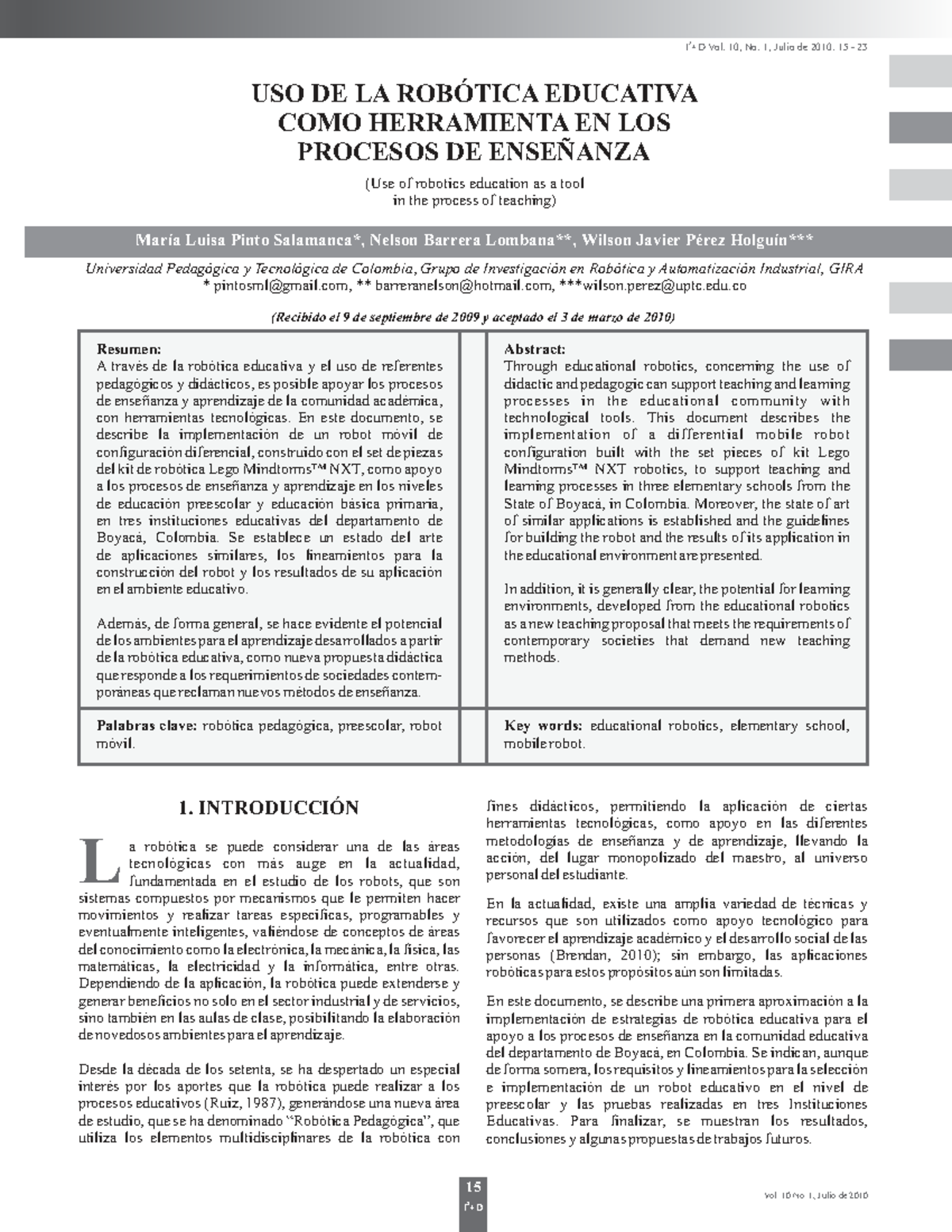 Uso de la Robótica Educativa en Procesos de Enseñanza - Vol. 10, No. 1 ...