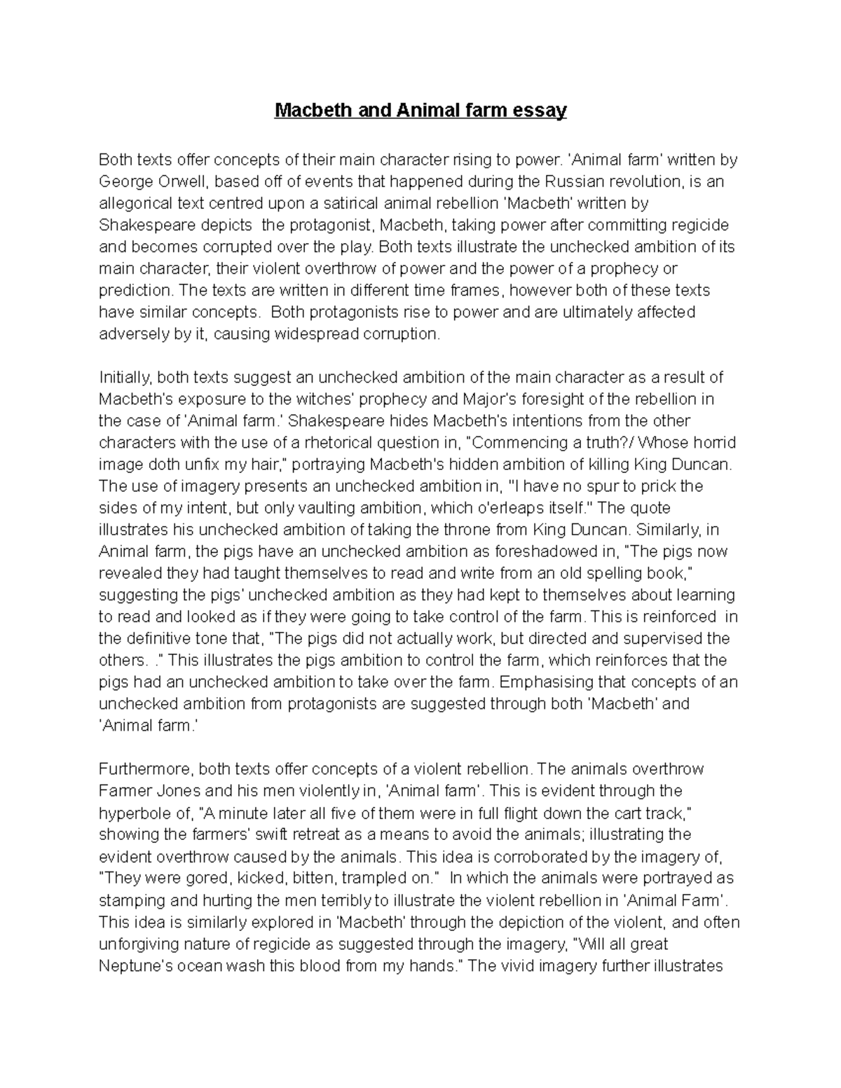 English essay - Macbeth and Animal farm essay Both texts offer concepts ...