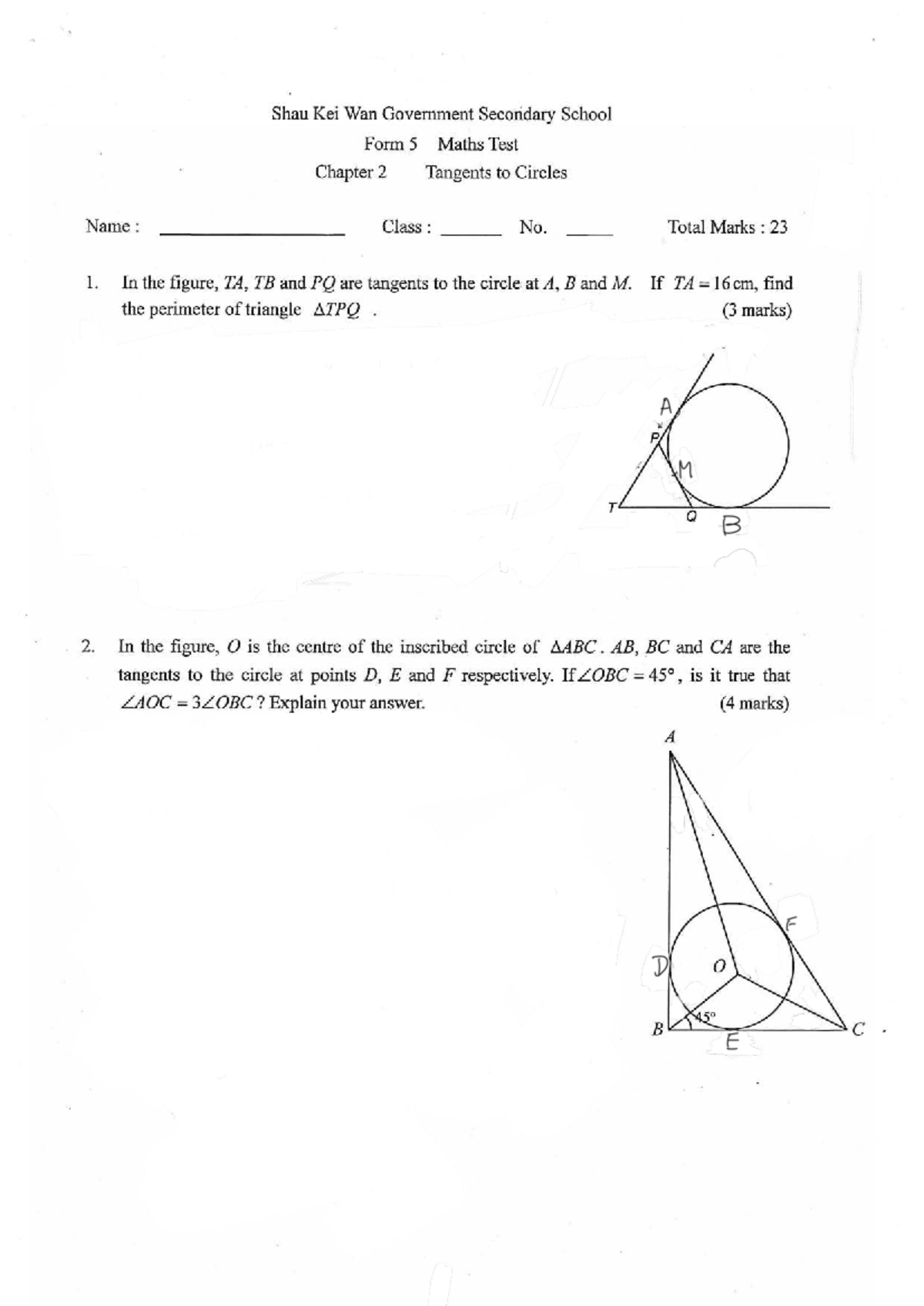 2021-22 5B Maths Test Solutions: Chapter 2 Tangents to Circles - Studocu
