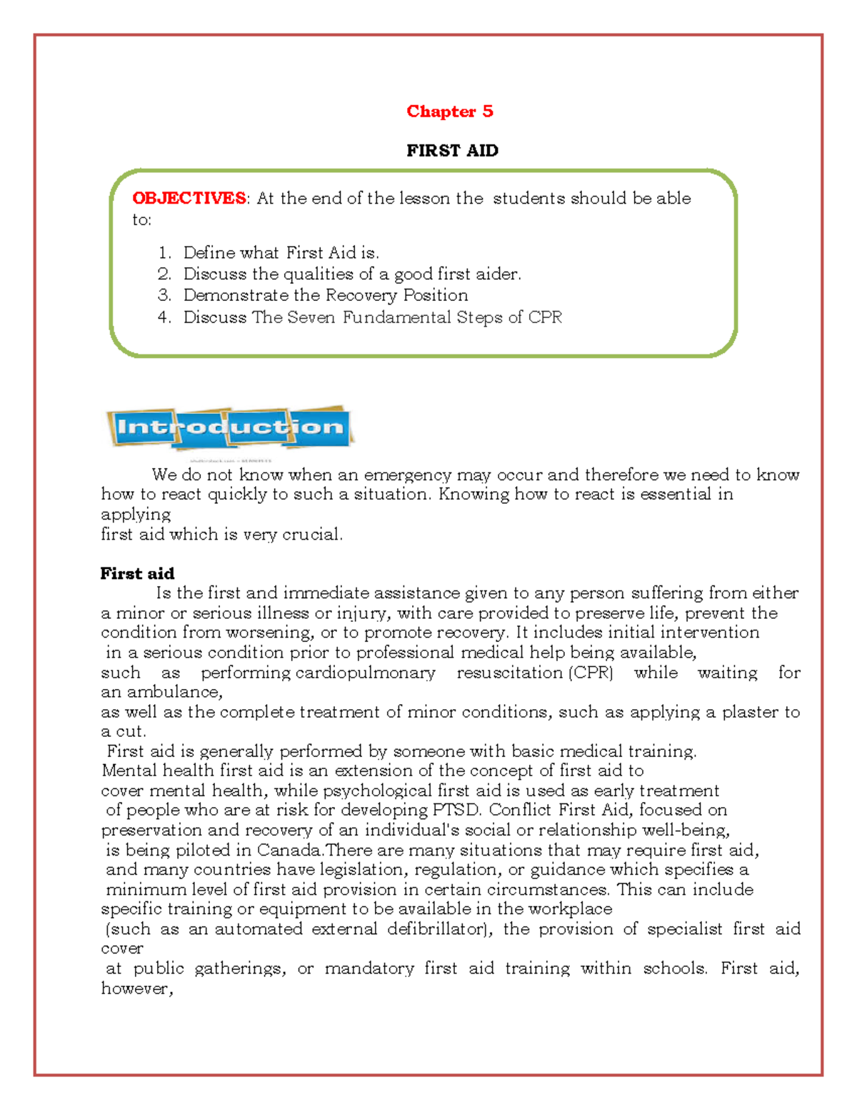 Chapter 5- First AID - PLS LIKE TY NSTP 2 - Chapter 5 FIRST AID We do ...