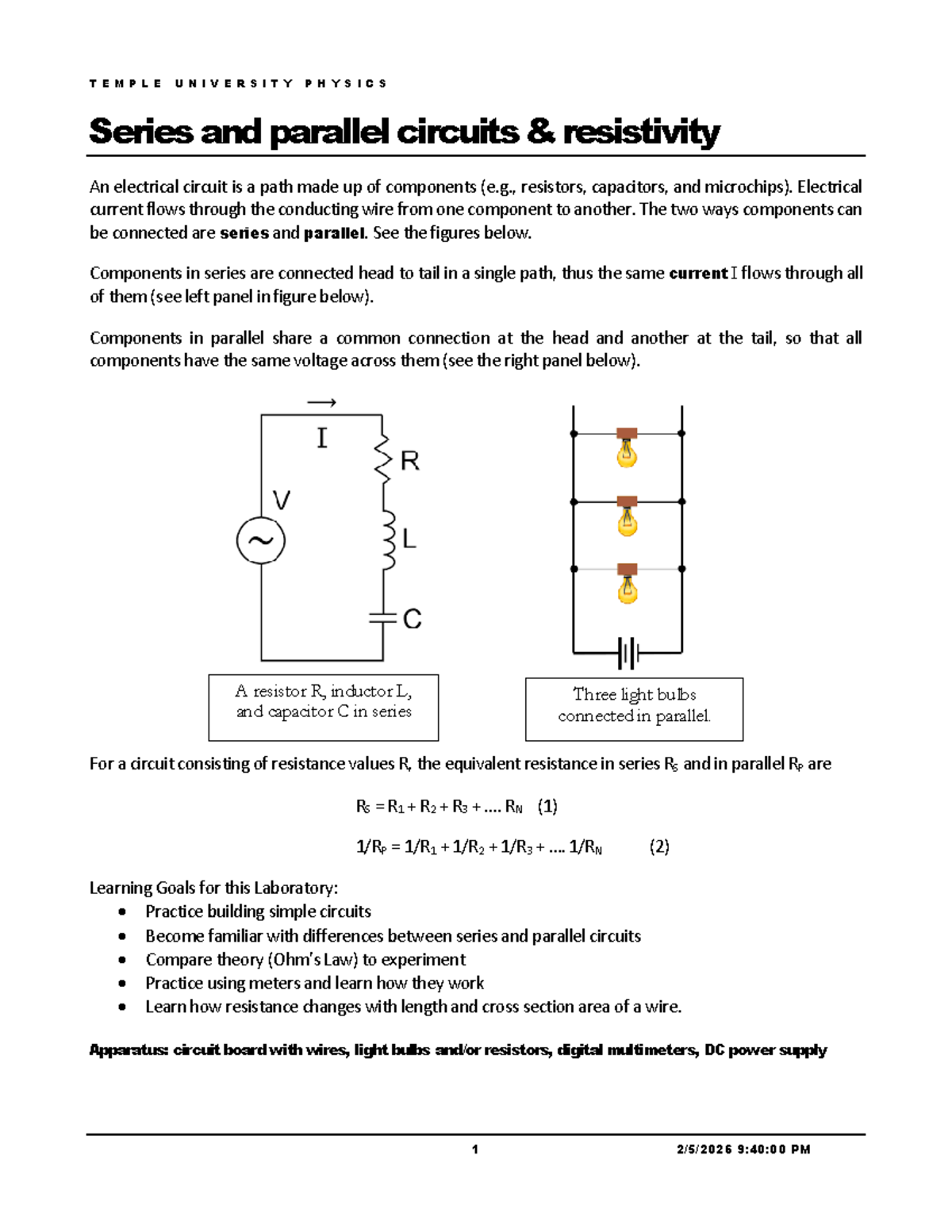 Temple University Physics: Series & Parallel Circuits with Resistivity ...