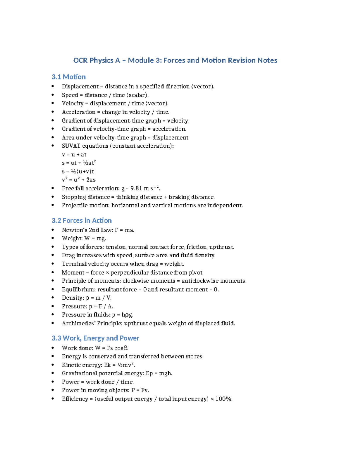 OCR Physics A Module 3: Forces & Motion Revision Notes - Studocu