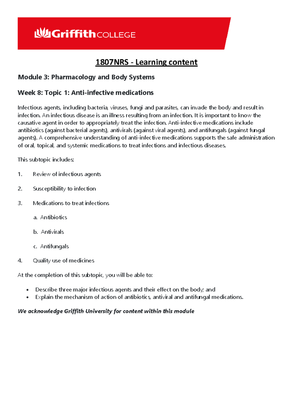 1807NRS Module 3: Pharmacology of Medications for Infectious Agents ...