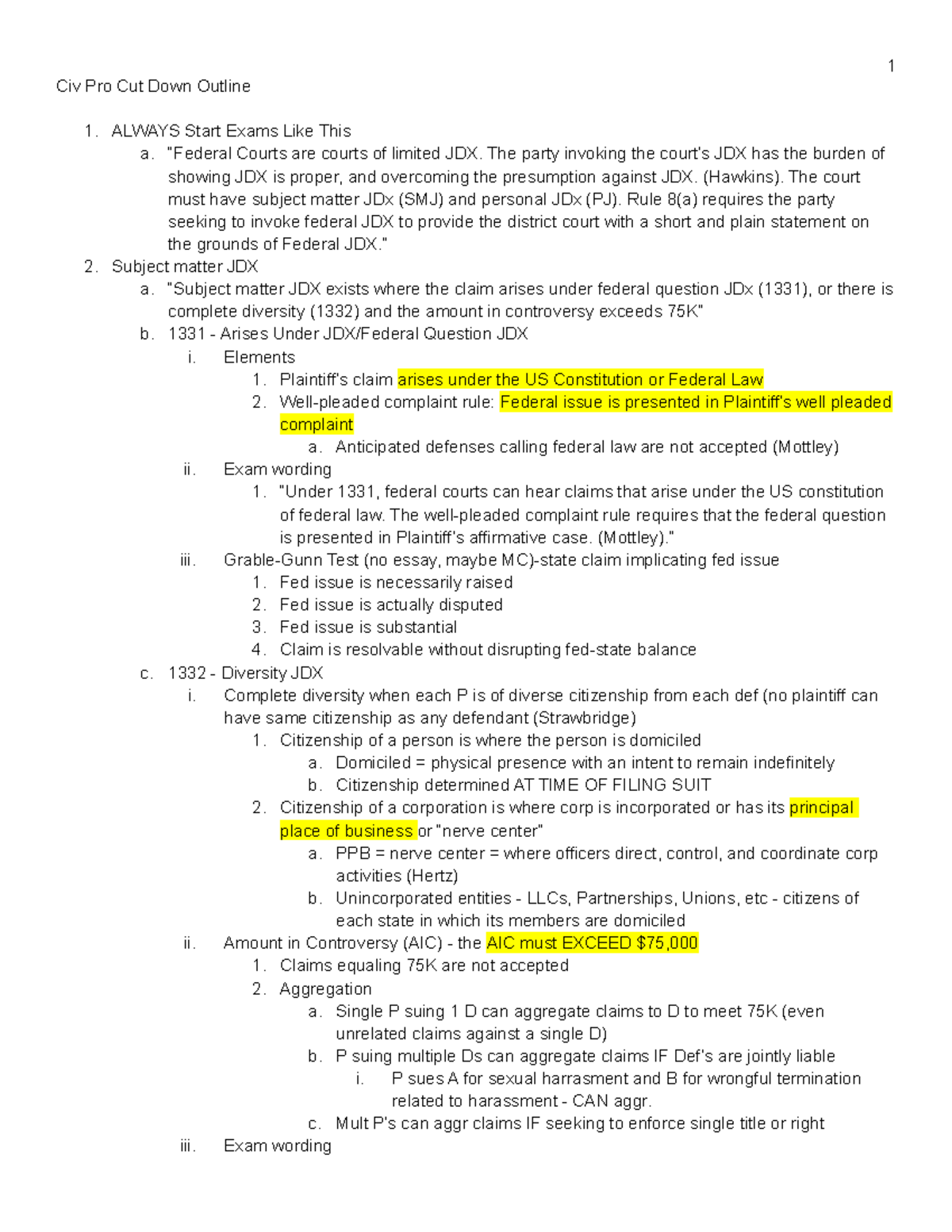 Civ Pro Final Exam Cut Down Outline and Key Concepts - Studocu