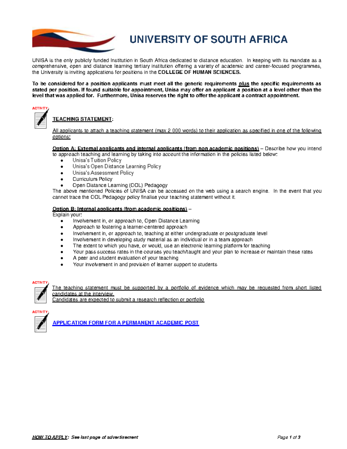 UNISA Application for Permanent Academic Post in Science & Tech Ed ...