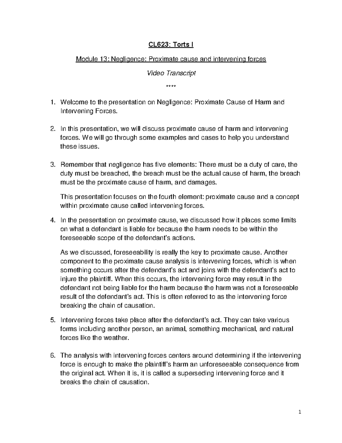 CL623 Module 13: Negligence - Understanding Proximate Cause ...