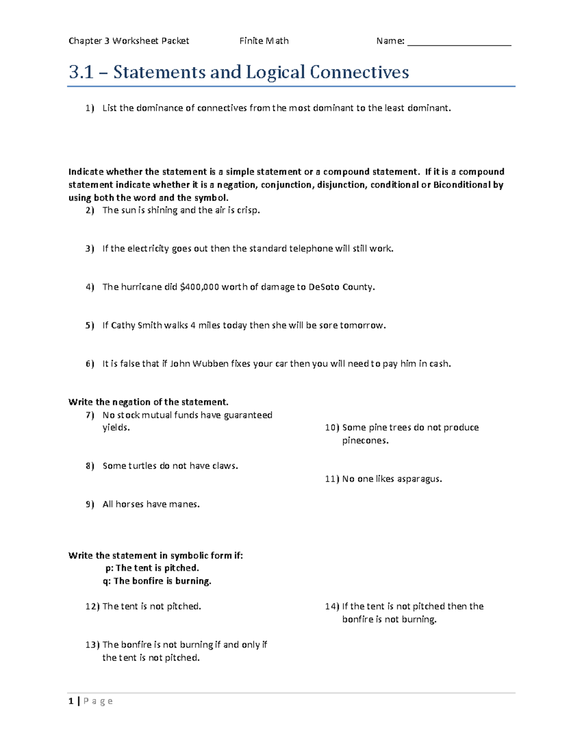 Chapter 3 Worksheet Packet - Chapter 3 Worksheet Packet Finite Math ...