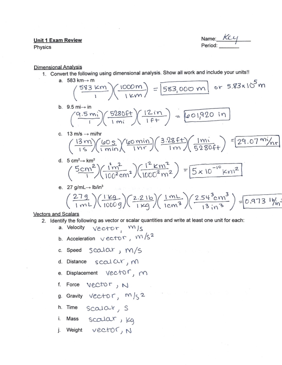 Unit 1 Exam Review Key: Dimensional Analysis & Motion Concepts - Studocu