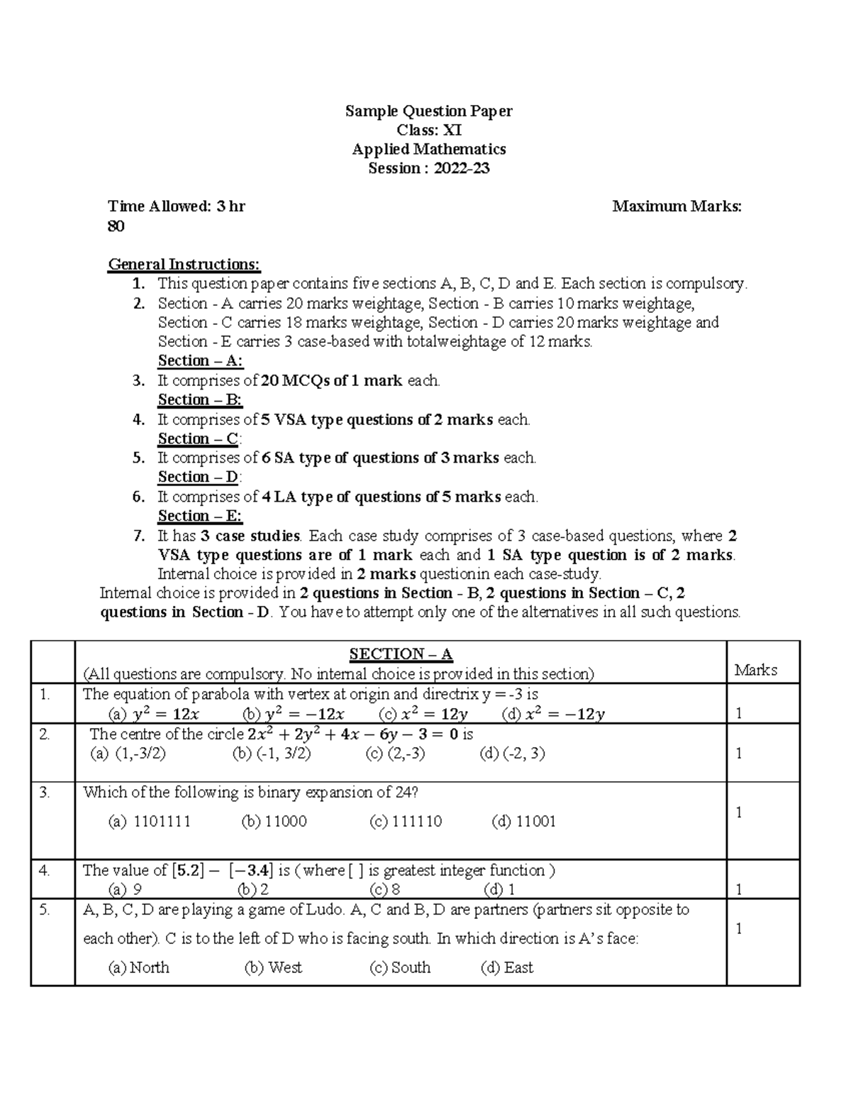Sample Question Paper: Applied Mathematics XI (2022-23) - Studocu