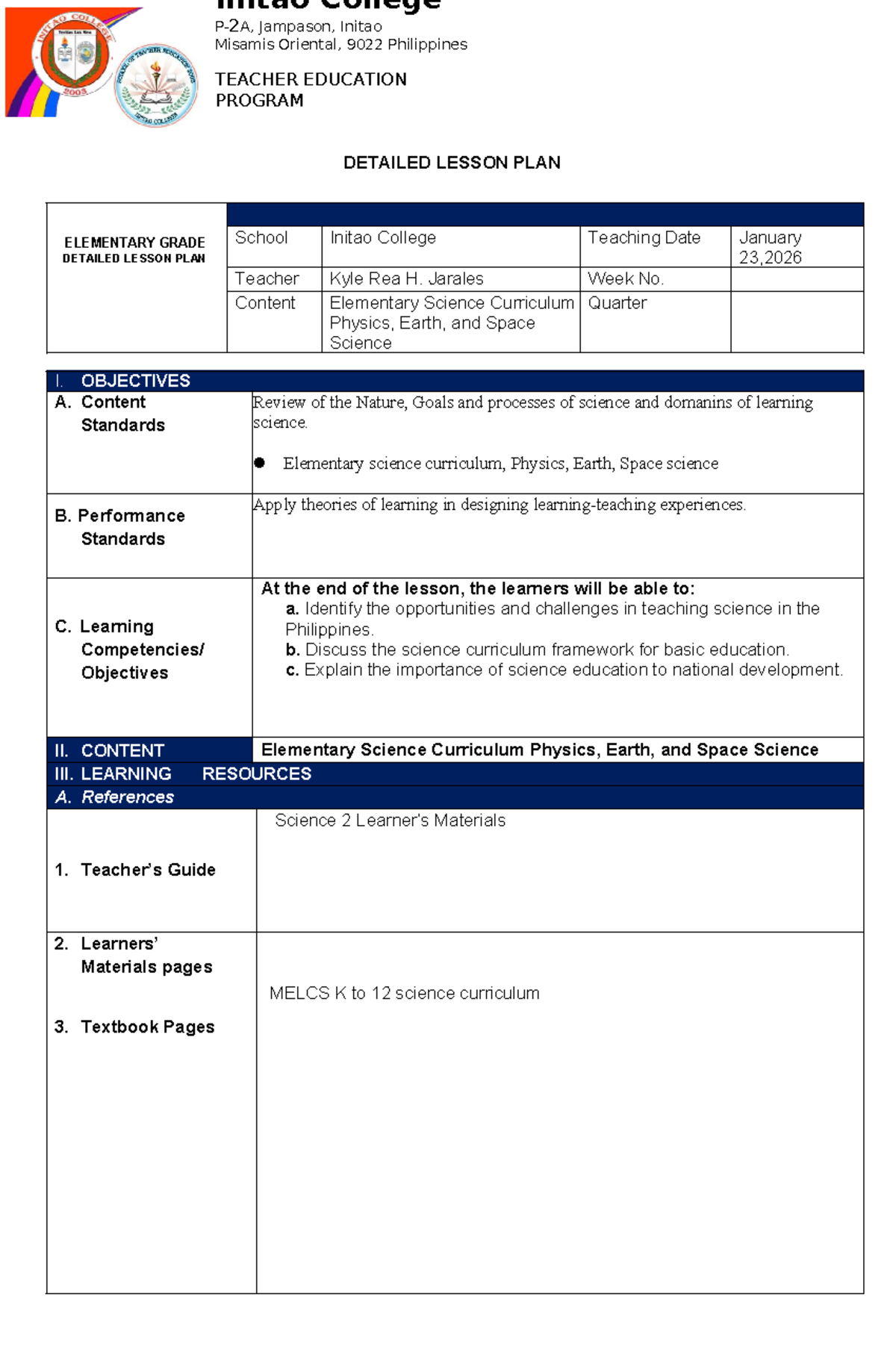TEACHER EDUCATION PROGRAM: DETAILED LESSON PLAN FOR ELEMENTARY SCIENCE ...