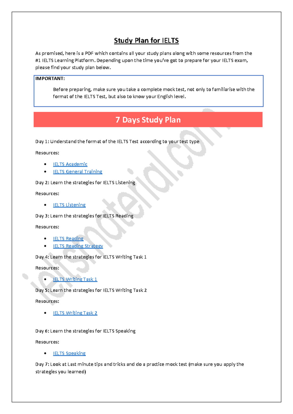 Comprehensive 30-Day Study Plan for IELTS Preparation - Studocu