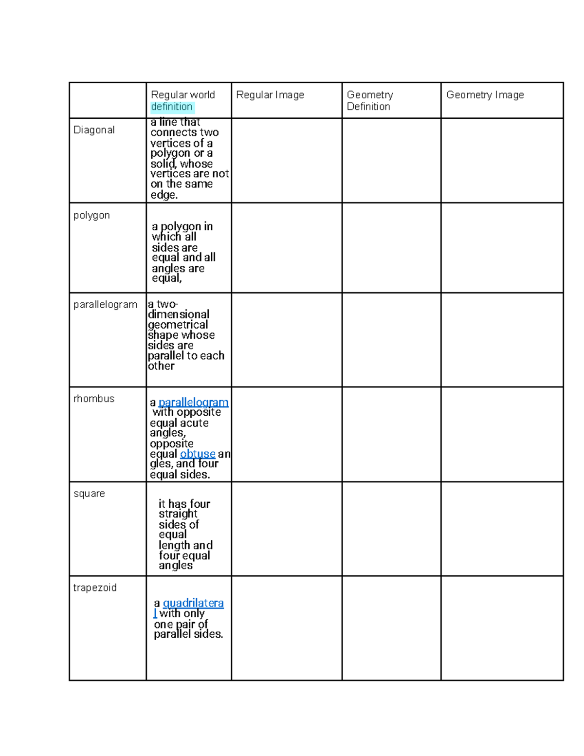 Unit 7 Definitions: Geometry Concepts and Regular Shapes - Studocu