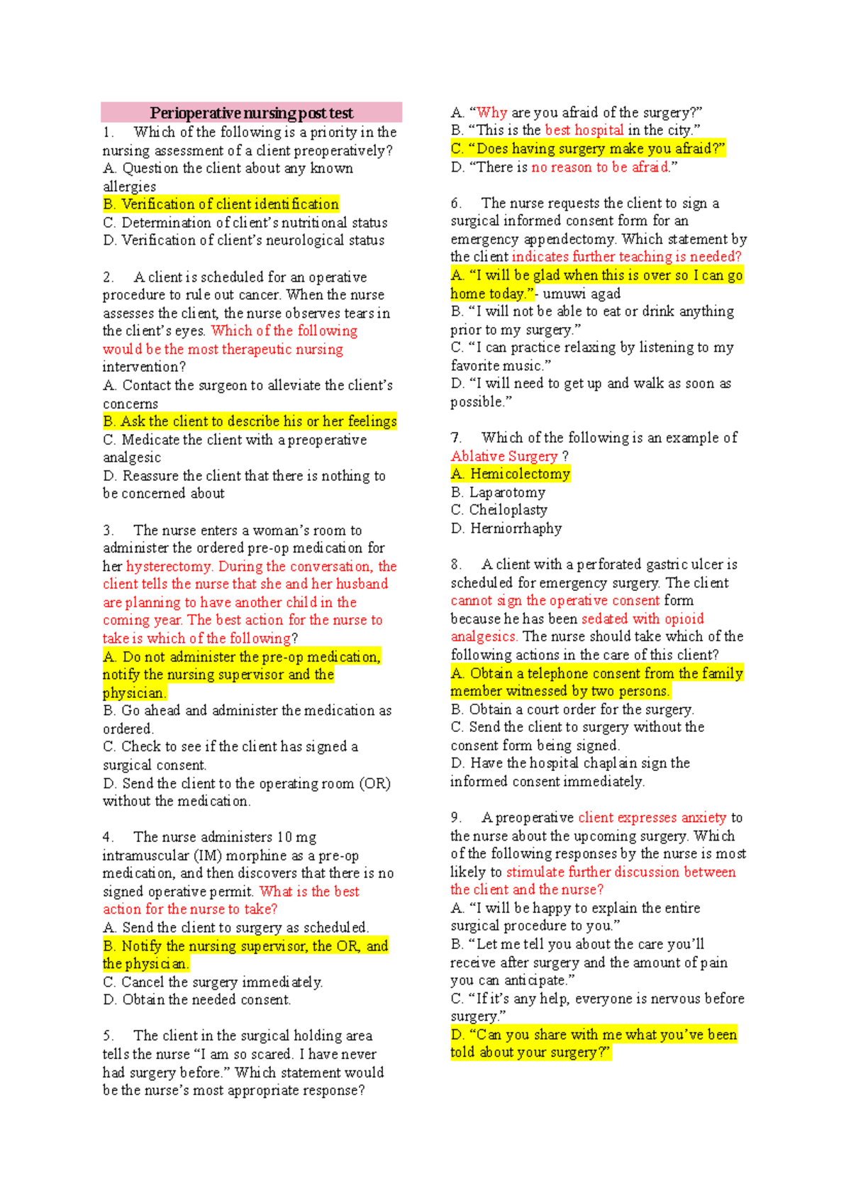 Perioperative Nursing Post Test - Medical-Surgical Nursing 101 - Studocu