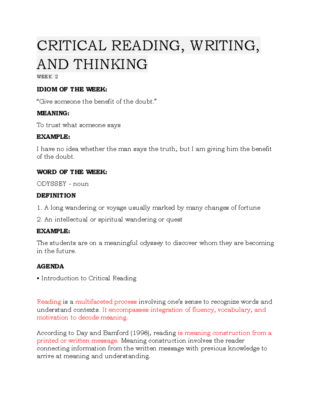 Lesson 1: Understanding Critical Reading & Its Importance - Studocu