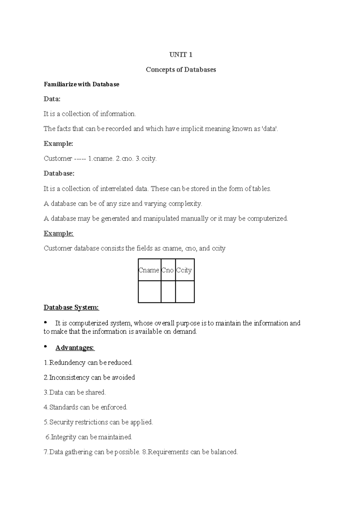 Rdbms UNIT 1 - UNIT 1 Concepts of Databases Familiarize with Database ...