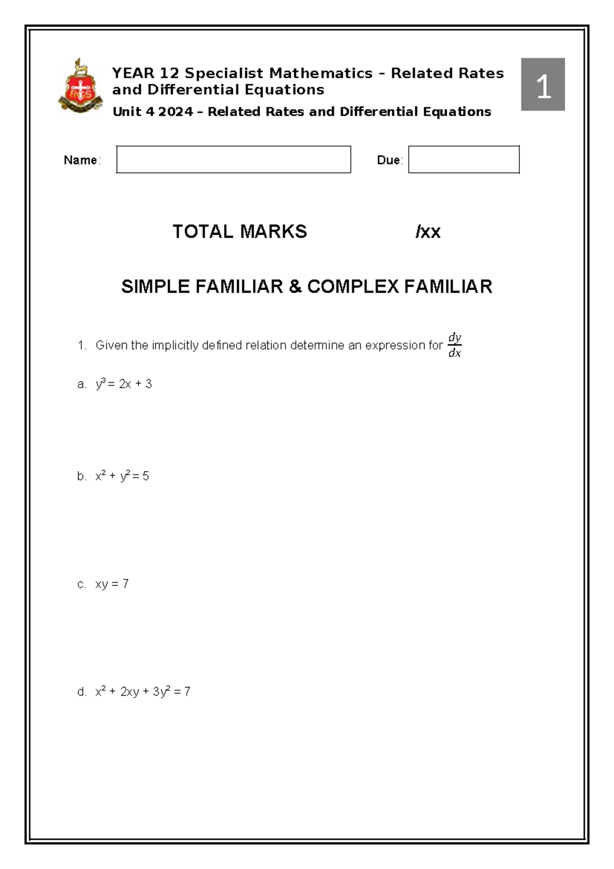 YEAR 12 Specialist Mathematics Unit 4: Related Rates & Diff. Equations ...