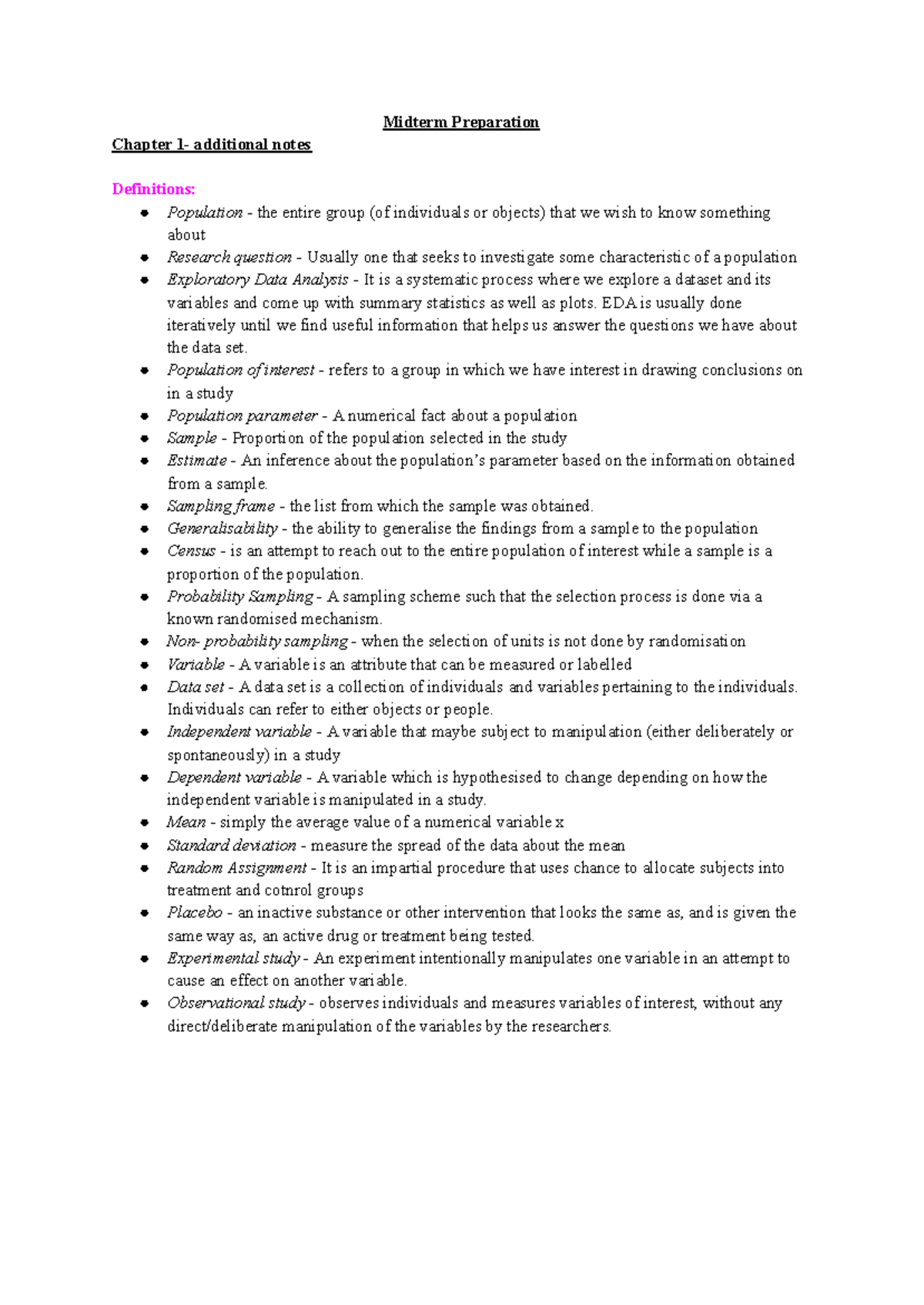 Midterm Prep Notes for Statistics (Course Code: STATS101) - Studocu