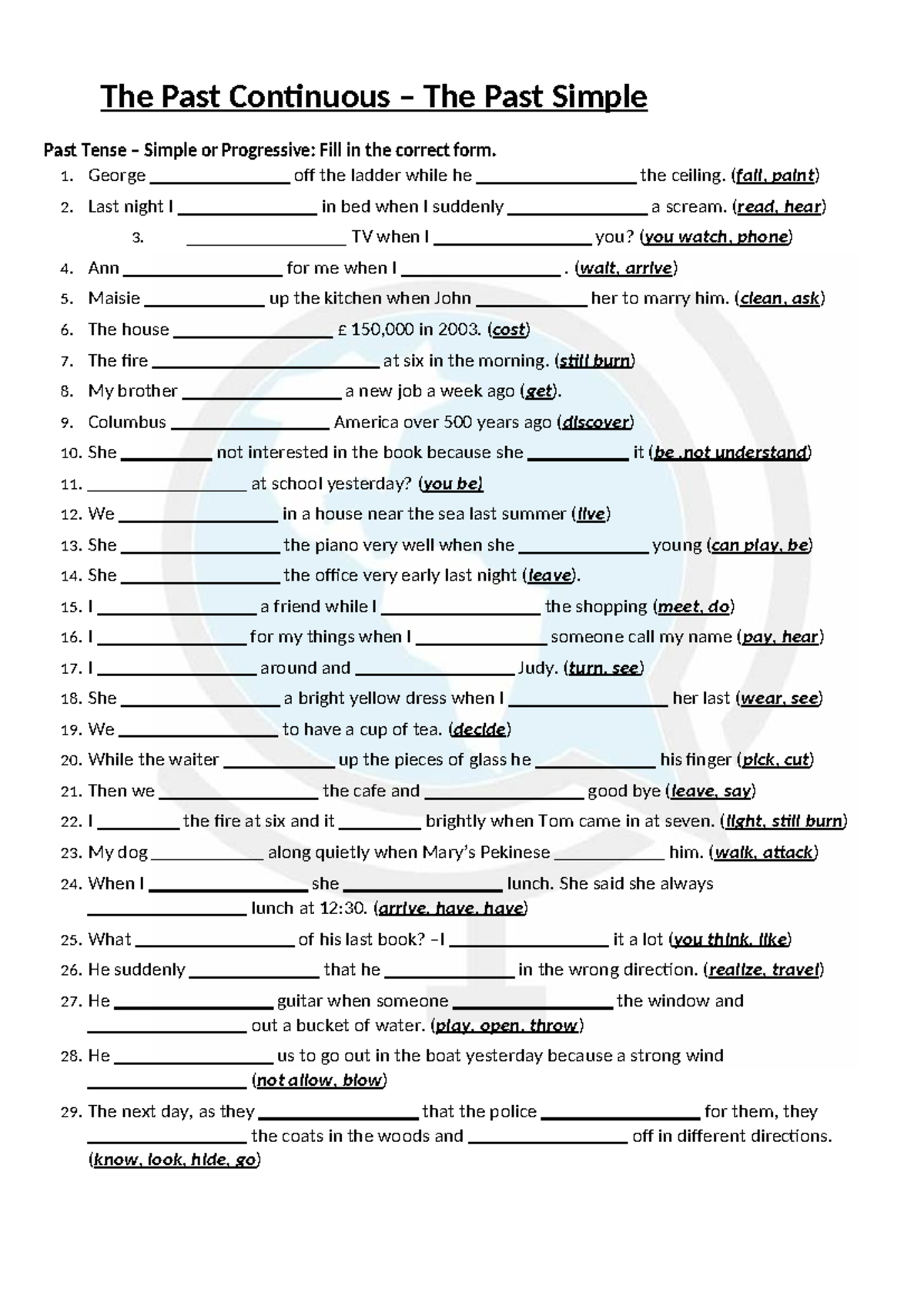 PAST Continuous vs. PAST Simple: Fill in the Correct Form Exercises ...