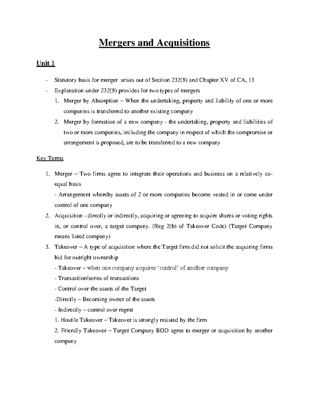 Mergers and Acquisitions (M&A) Study Notes for CA 2013 - Studocu