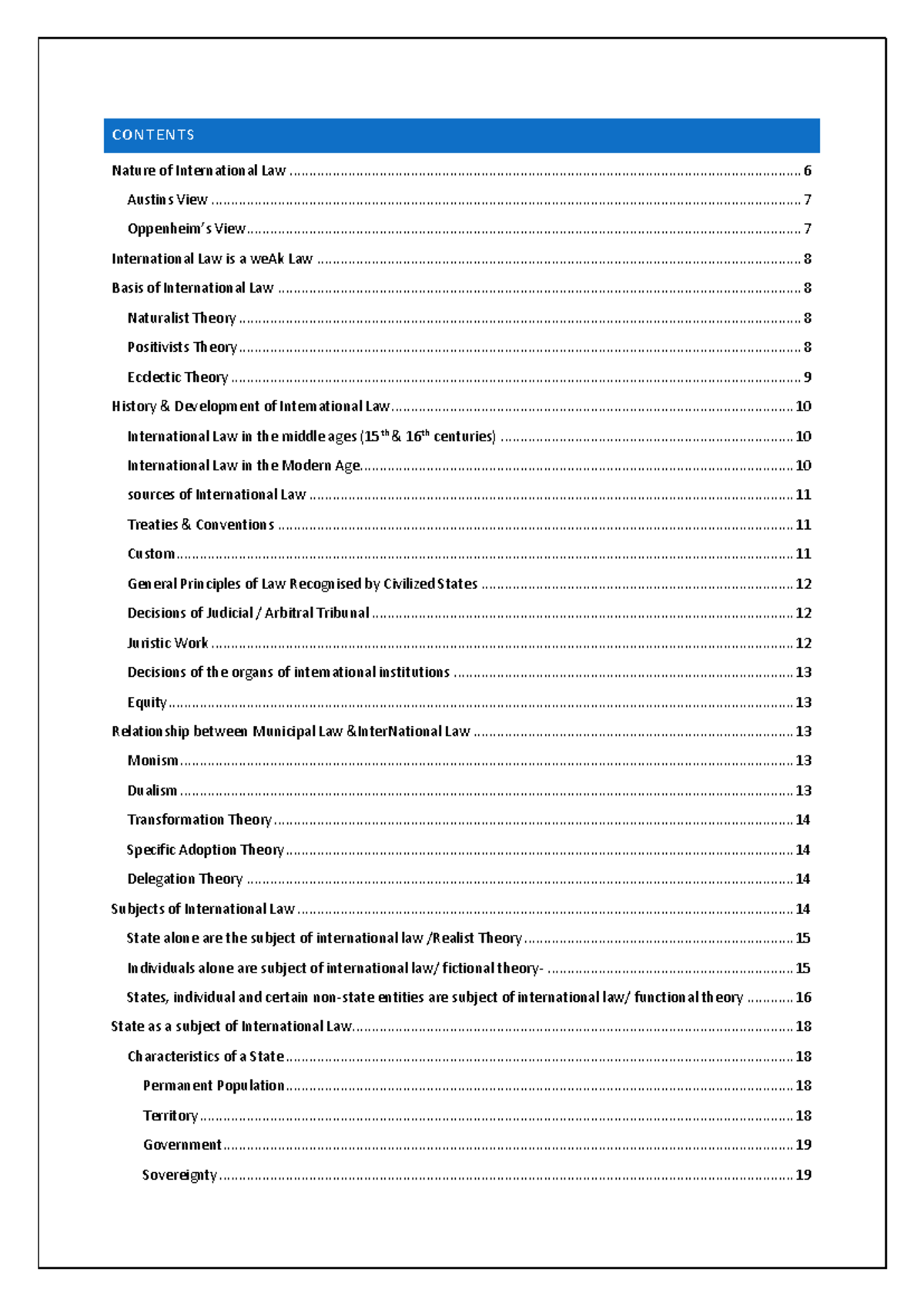PIL - Notes - CONTENTS Nature of International Law Austins View ...