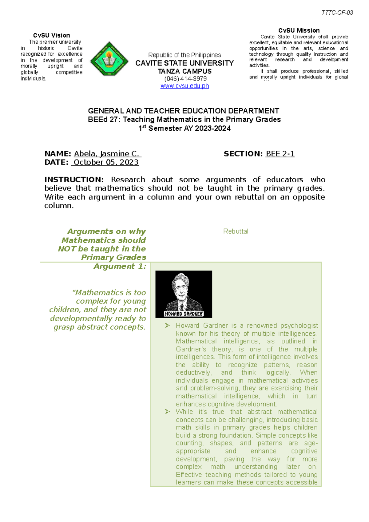 BEEd 27 Worksheet 1 - Arguments for and Against Teaching Math in ...