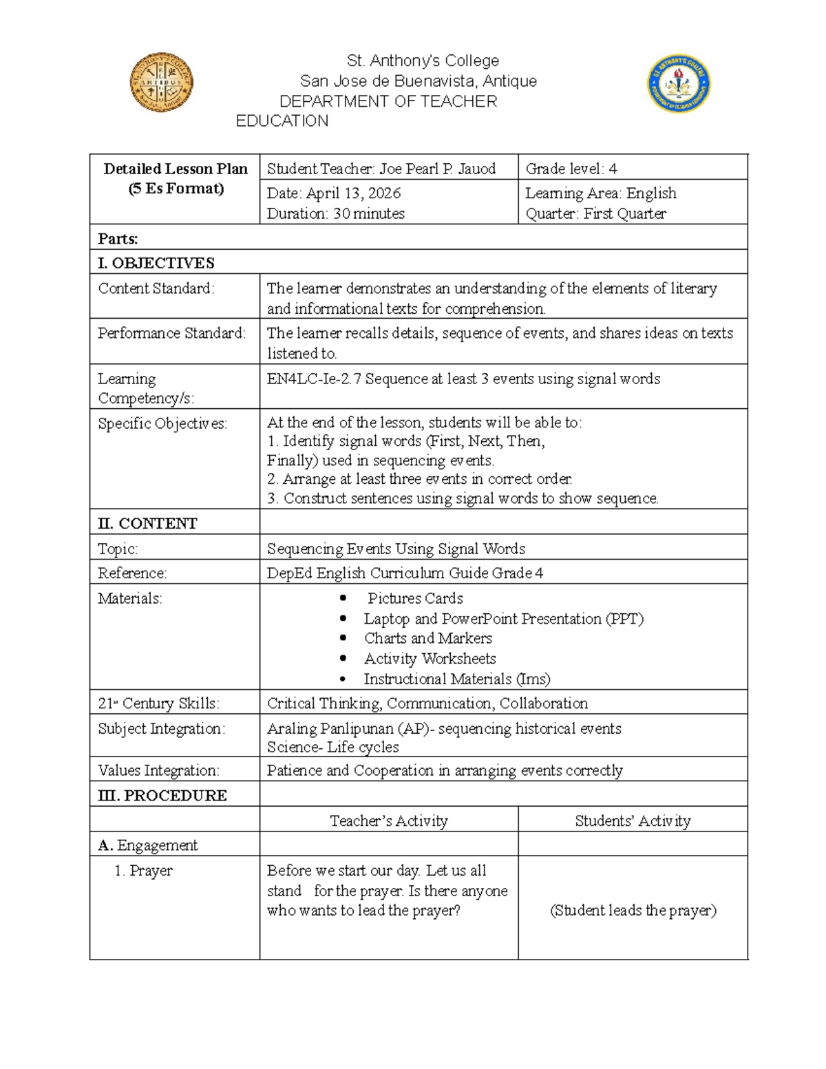 Detailed Lesson Plan: Sequencing Events Using Signal Words (Grade 4 ...