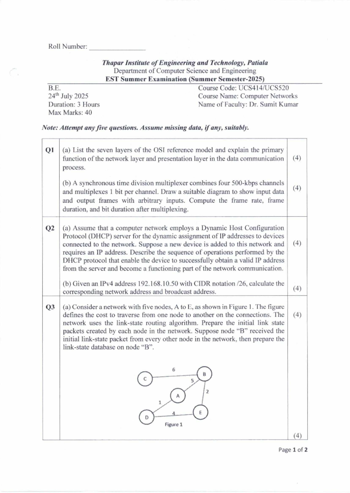 UCS520 Summer Exam: Computer Networks - EST July 2025 - Studocu