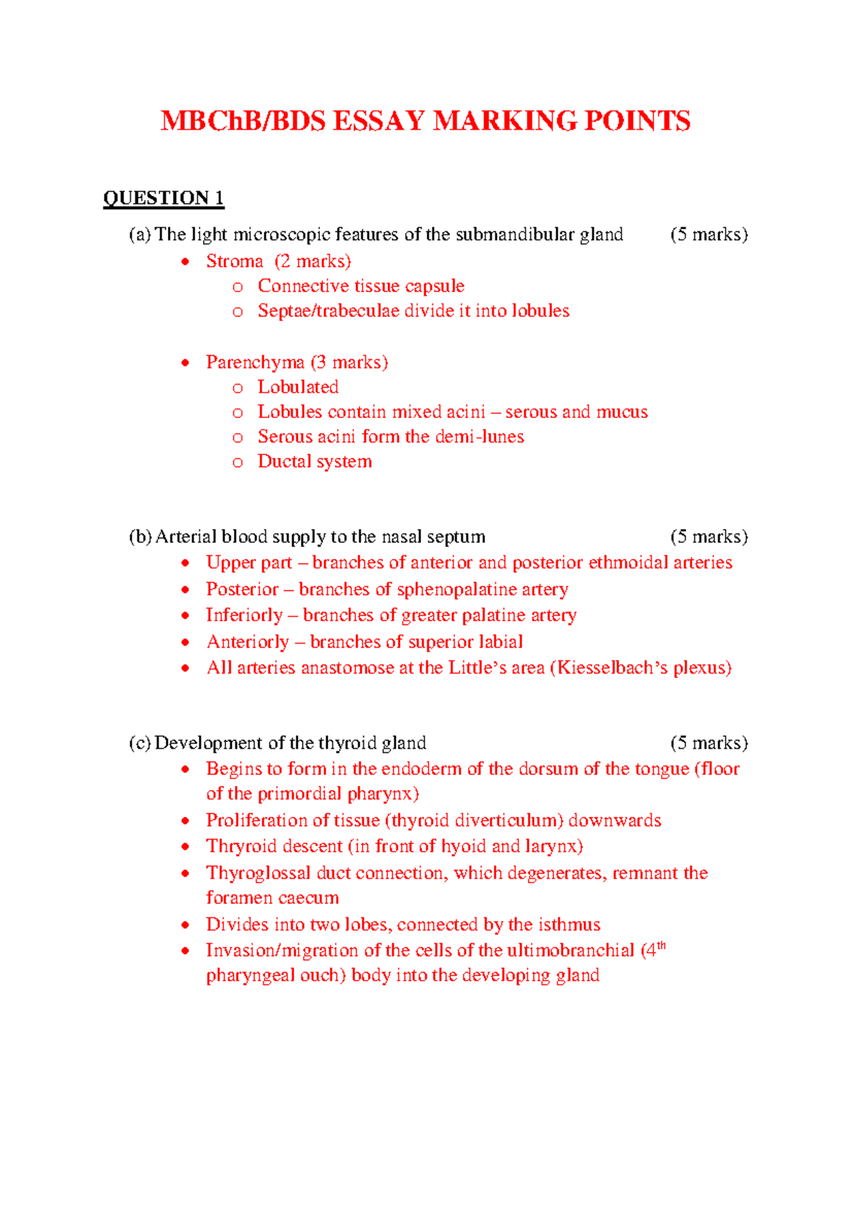 MBChB/BDS End of Year Essay Marking Points Summary - Studocu